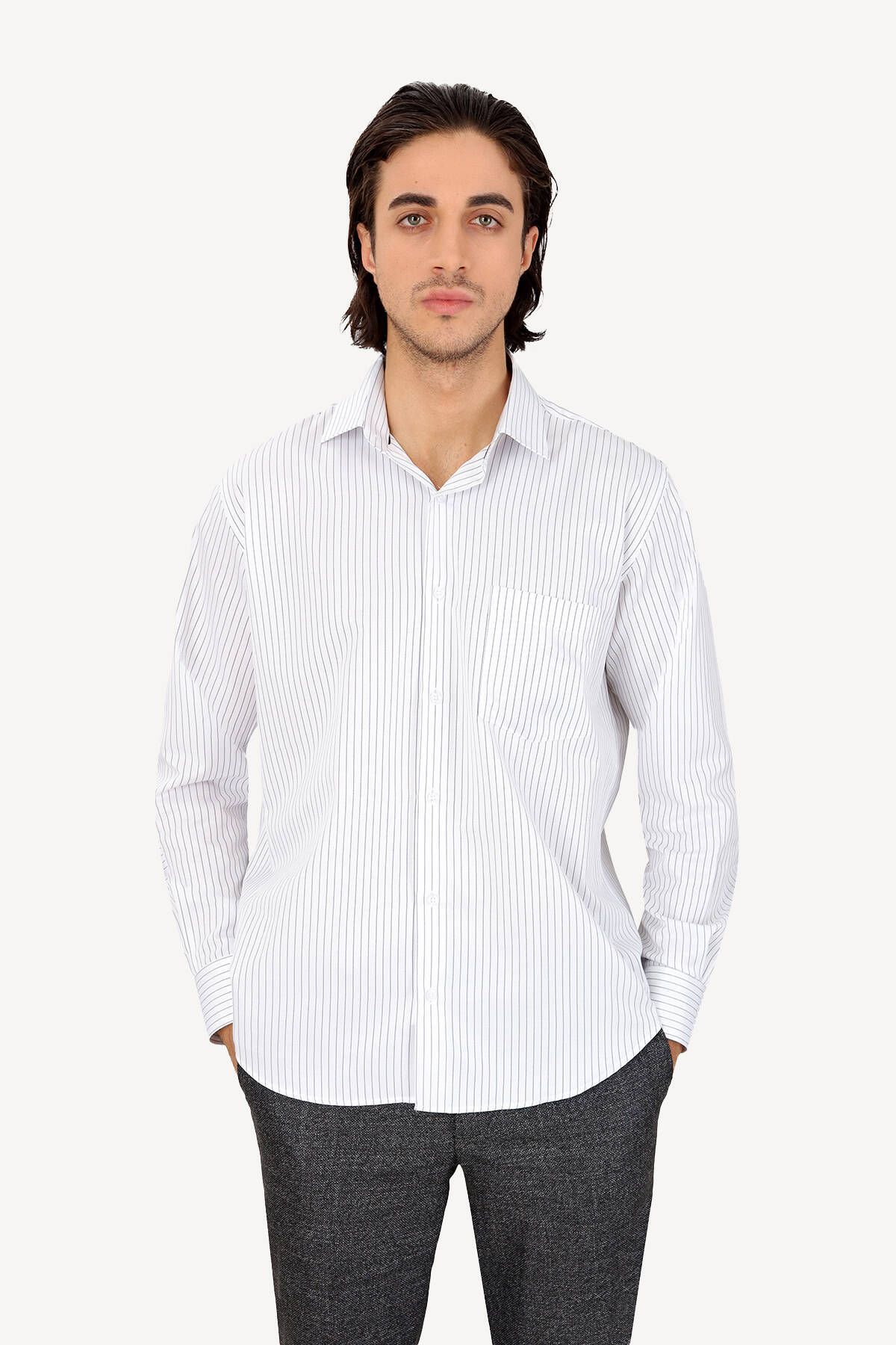 YSF Erkek Beyaz Uzun Kol Klasik Çizgili Gömlek