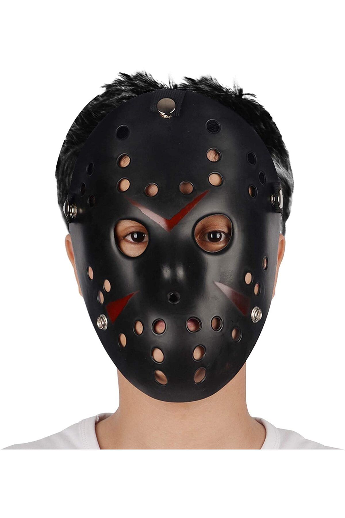 Go İthalat Siyah Renk Kırmızı Çizgili Tam Yüz Hokey Jason Maskesi Hannibal Maskesi (4199)