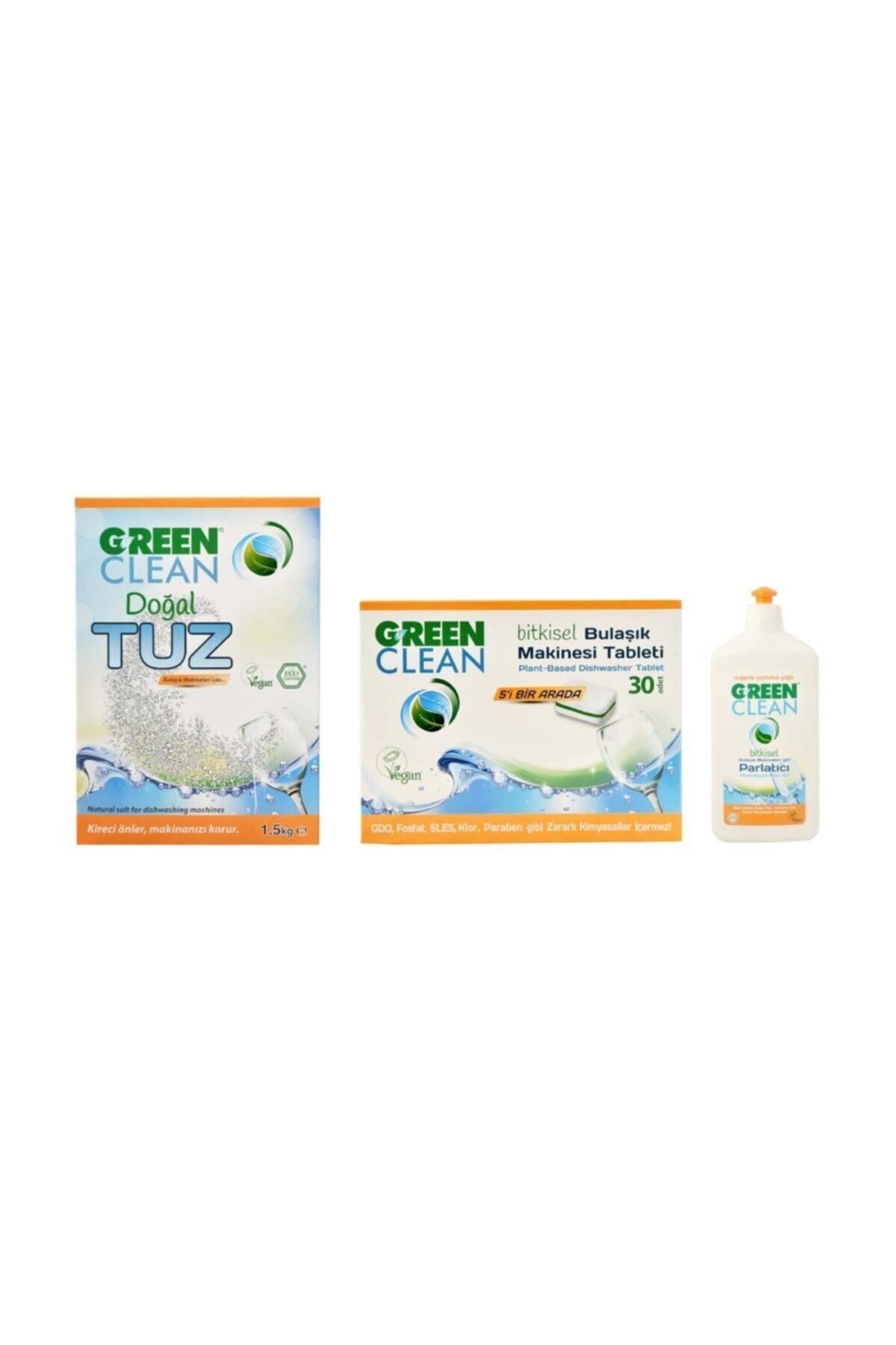 Green Clean Doğal Tuz 1,5 kg, Bulaşık Tableti 30'lu ve Parlatıcı 500 ml