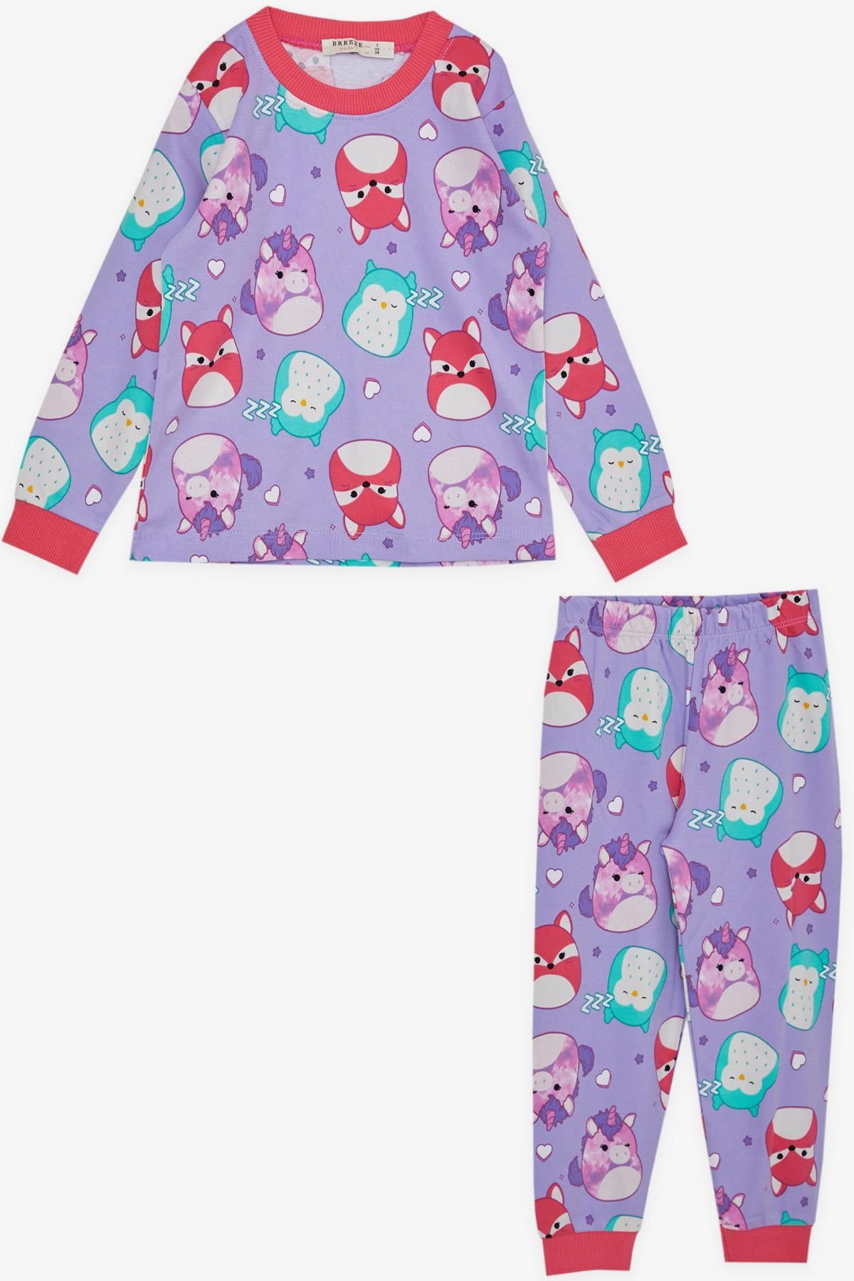 Breeze Kız Çocuk Pijama Takımı Sevimli Hayvancıklar Desenli 1-4 Yaş, Lila