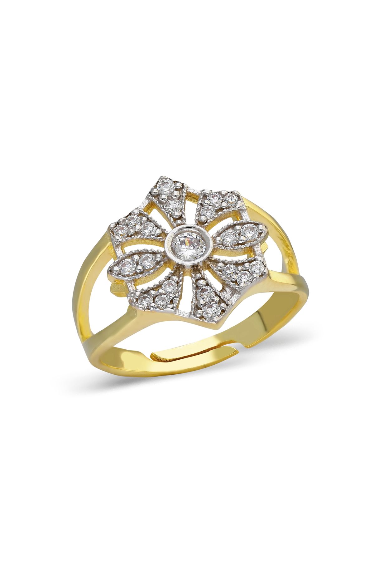 emy by emel luxury silver jewelry Ayarlanabilir Taşlı Daisy Serçe Parmak Yüzüğü Altın Kaplama 925 Ayar Gümüş