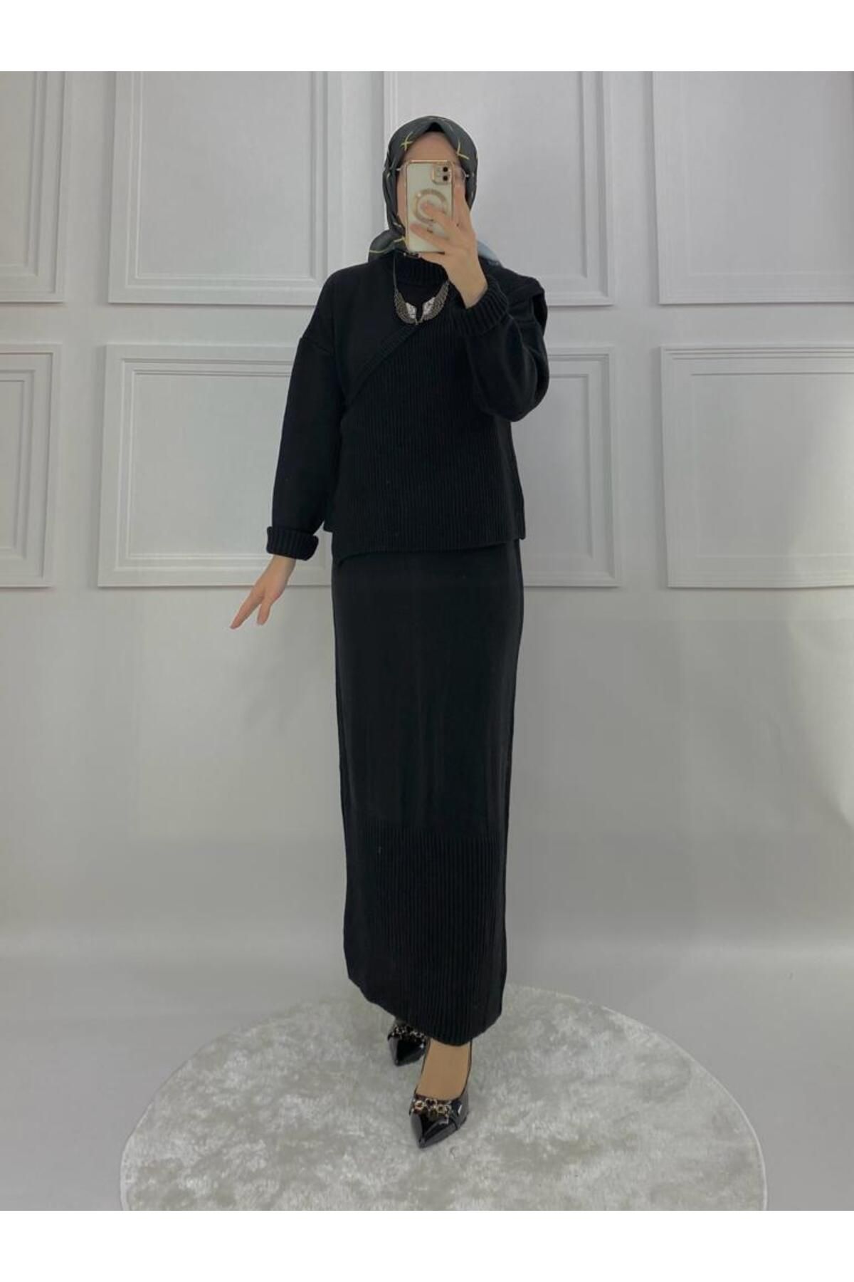PIRLANTA GİYİM Kadın Siyah Triko Süveterli Elbise - 298