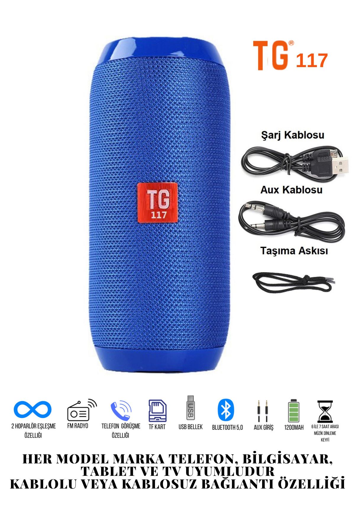 T G 117 Bluetooth Hoparlör Kablosuz Taşınabilir Ses Bombası Extra Bass Mavi