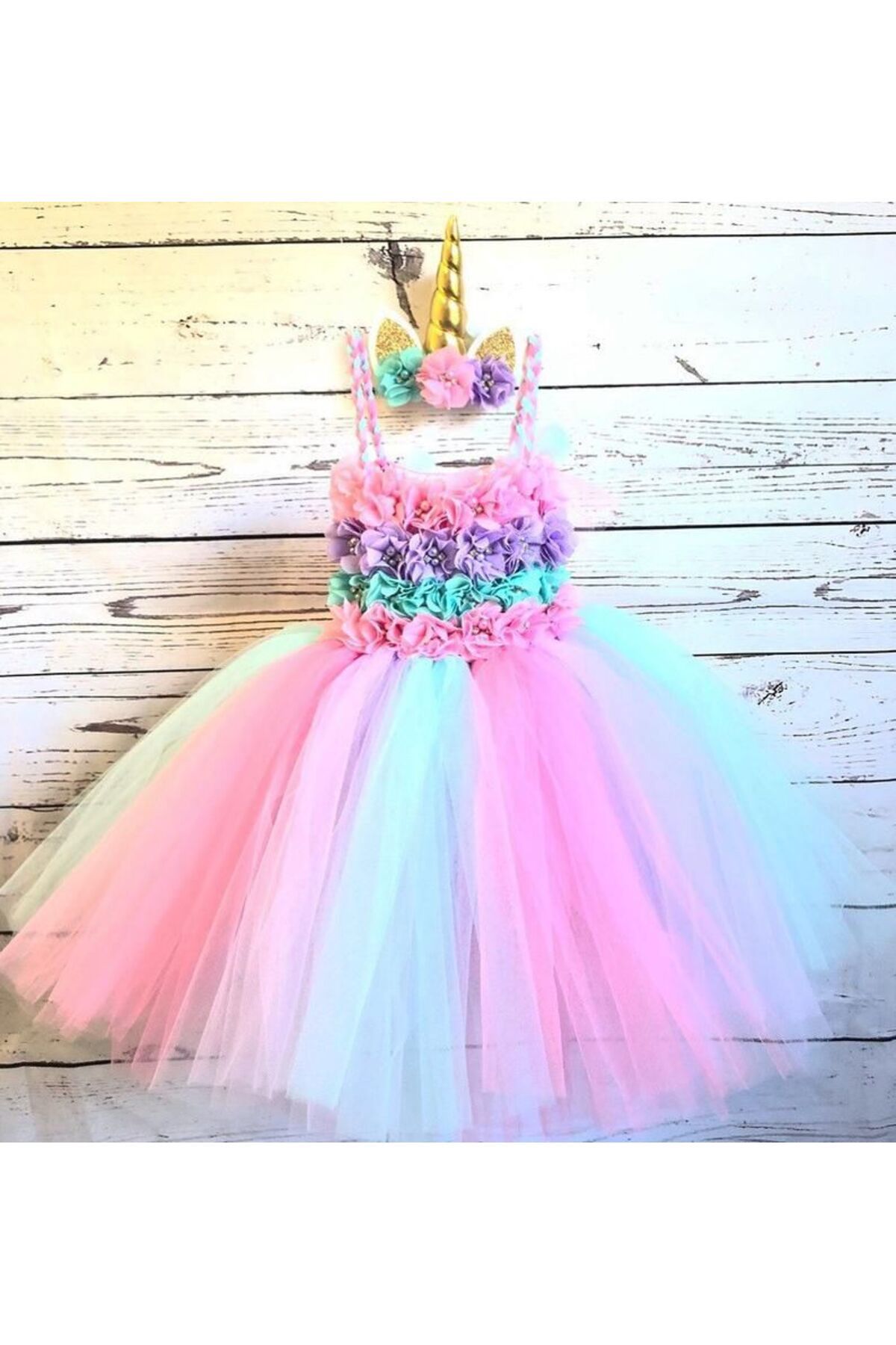 Yoyko Çiçekli Prenses Unicorn Tütü Elbise + Unicorn Taç -Doğum Günü Elbisesi, kız prenses kostümü elbise