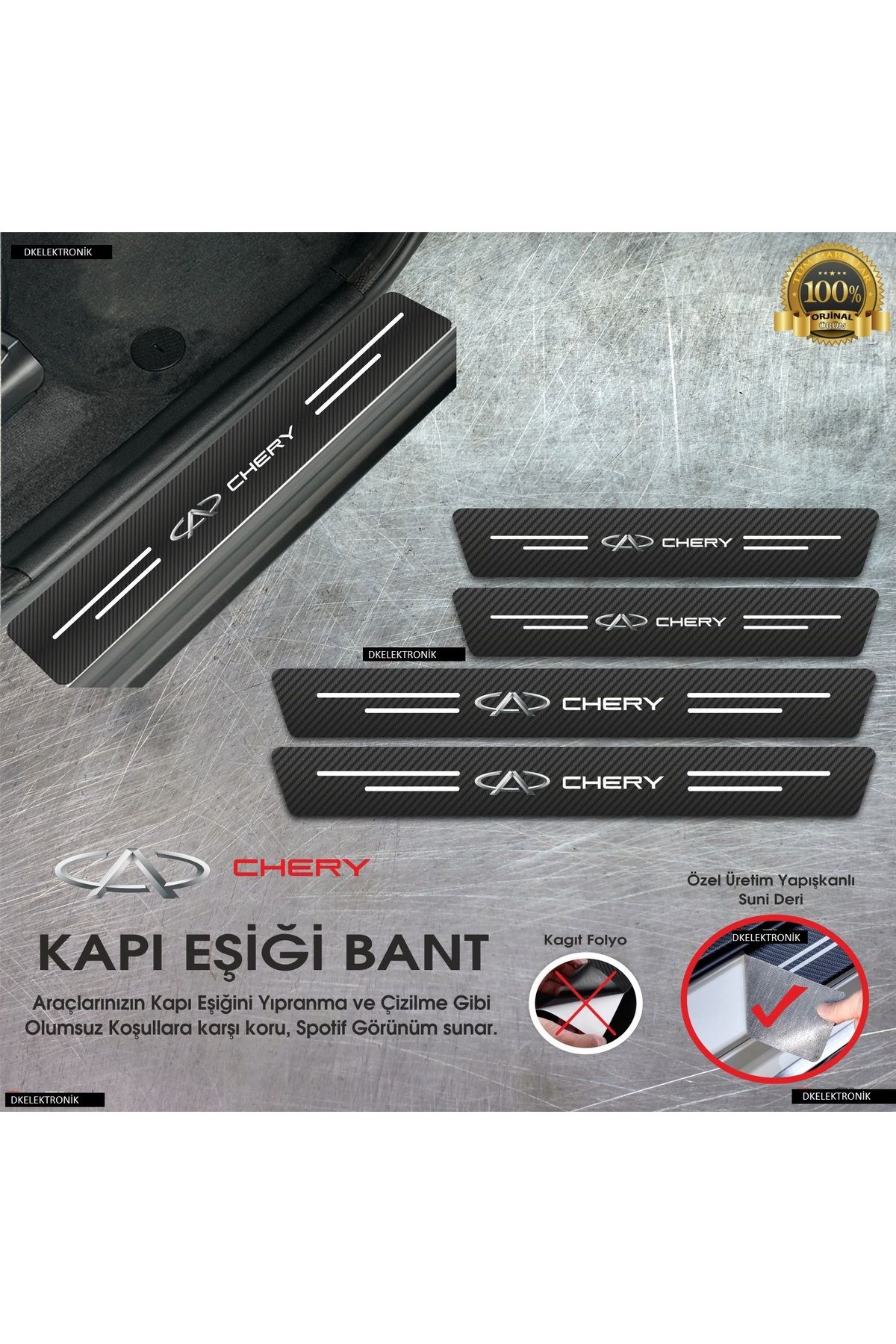 DKELEKTRONİK Chery Tiggo 8 Pro Logolu Karbon Kapı Eşiği Koruyucu Suni Deri 4'lü Set