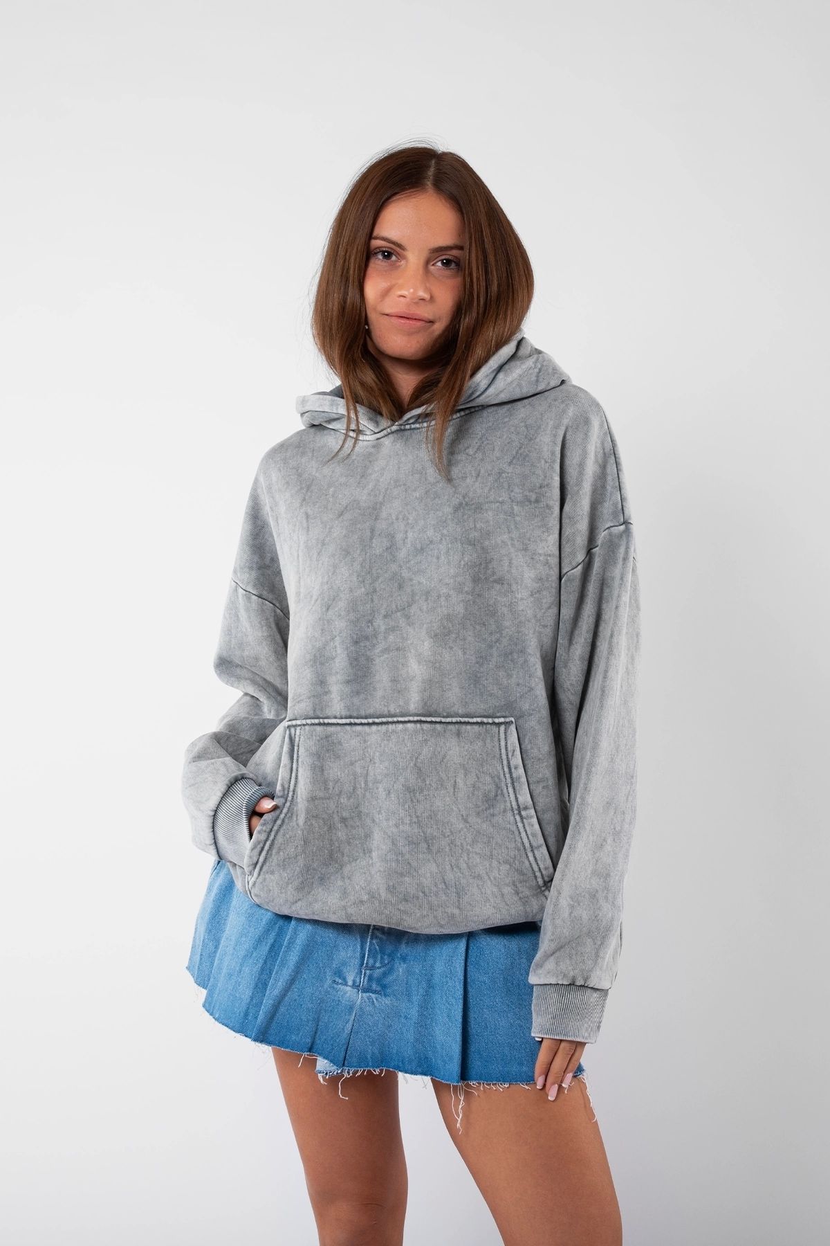 Bak Moda Yıkamalı Basic Oversize Unisex Beyaz Hoodie