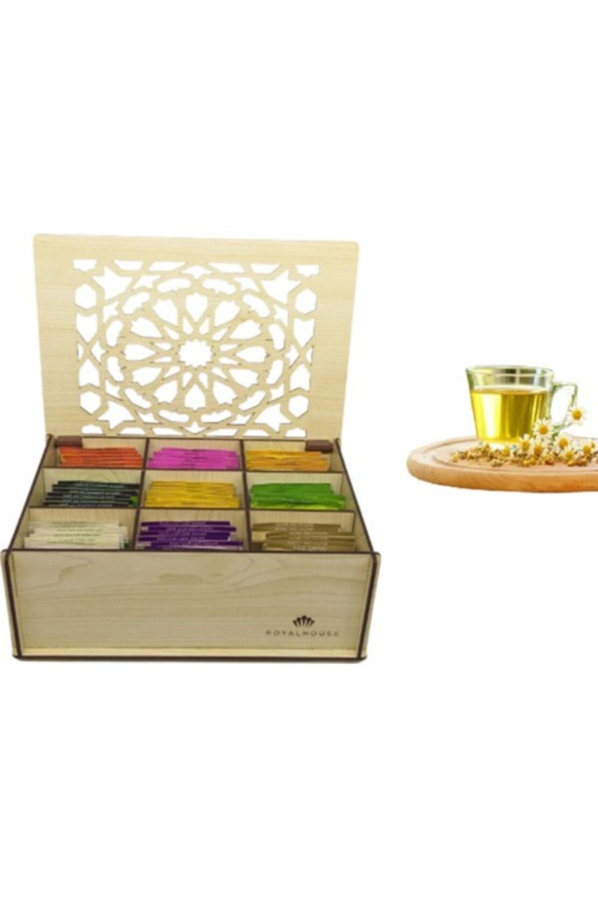Ankaflex Ahşap Akçaağaç Renk Çay Kutusu 9 Bölmeli Kapaklı Bitki Çayı Saklama Kabı ( Çaylar Dahil) Tea Box