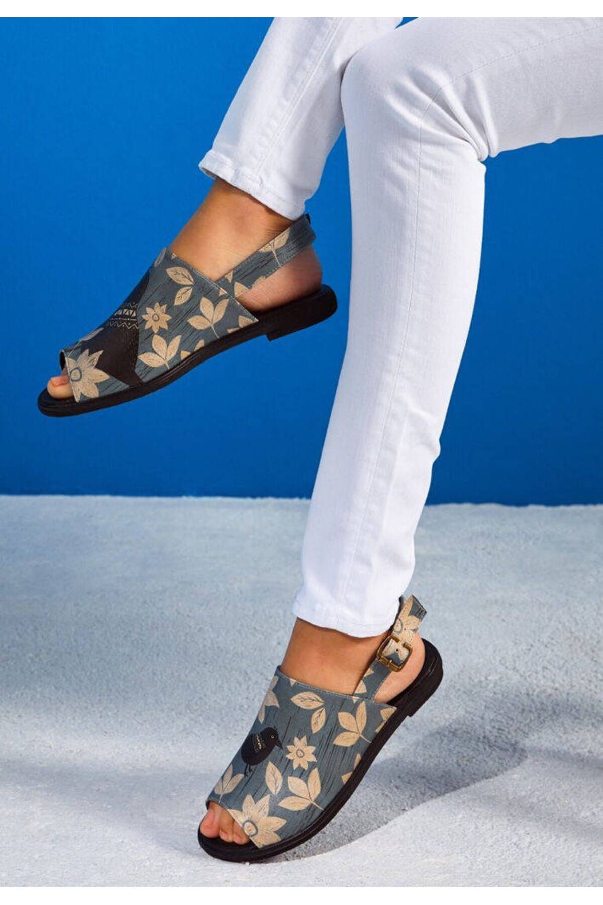 Dogo Kadın Vegan Deri Mavi Sandalet - White Flowers Tasarım