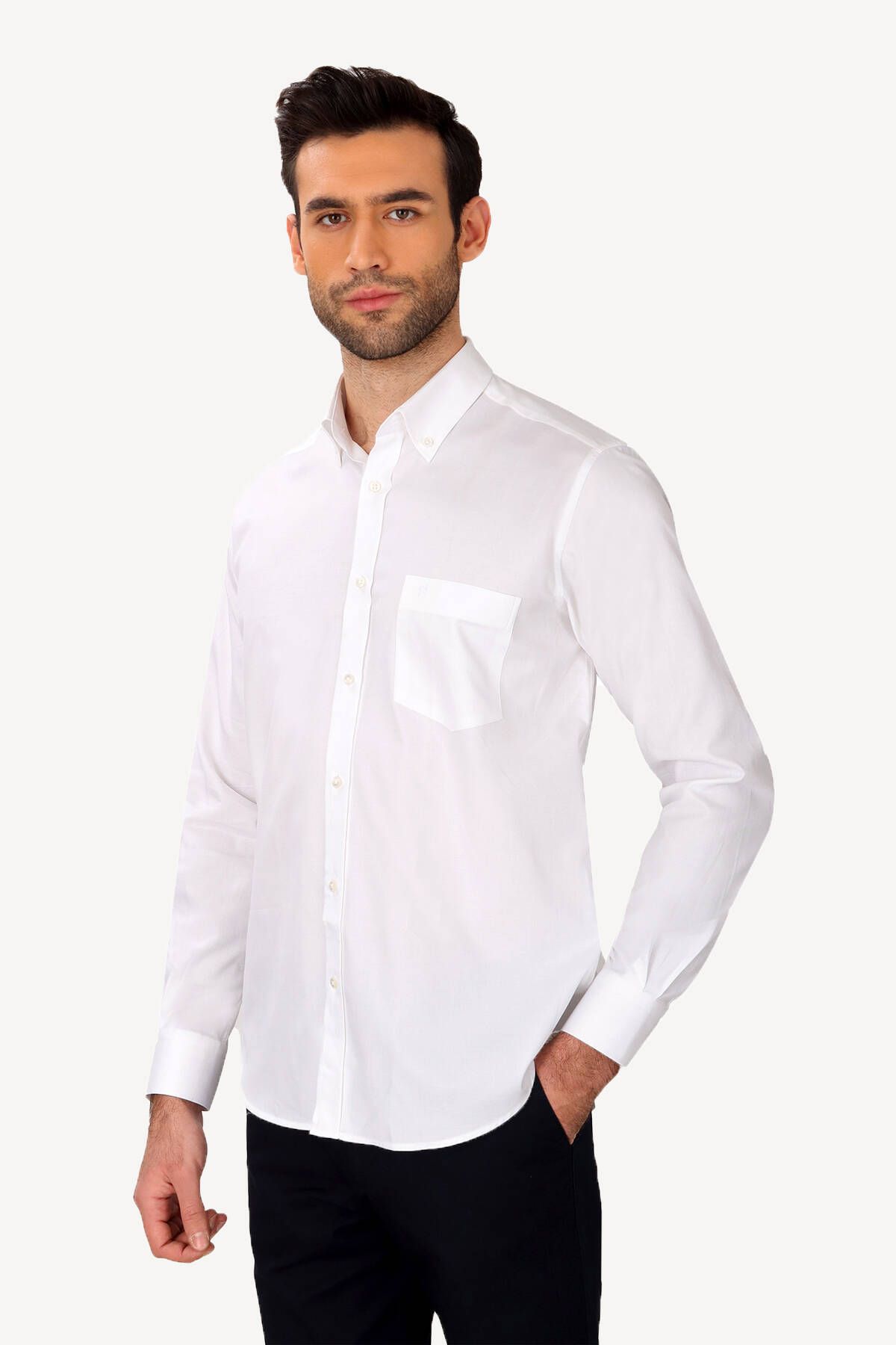 YSF Erkek Beyaz Uzun Kol Klasik Yaka Düğmeli Gömlek