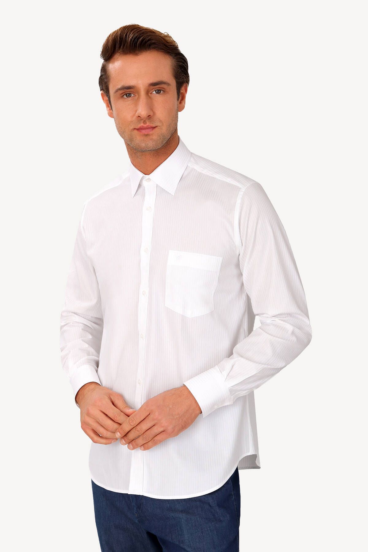 YSF Erkek Beyaz Uzun Kol Klasik Kesim Çizgili Gömlek