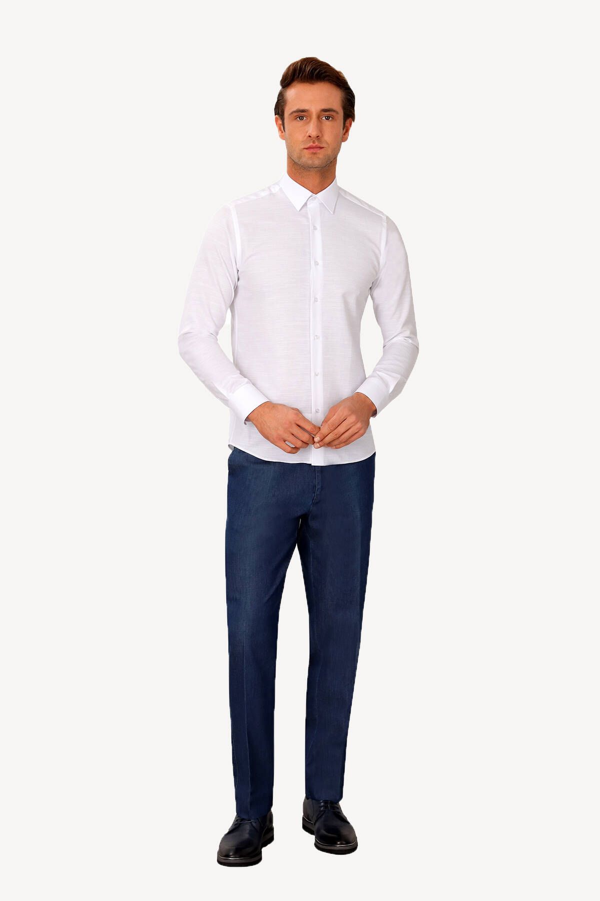 YSF Erkek Beyaz Uzun Kol Slim Fit Desenli Gömlek