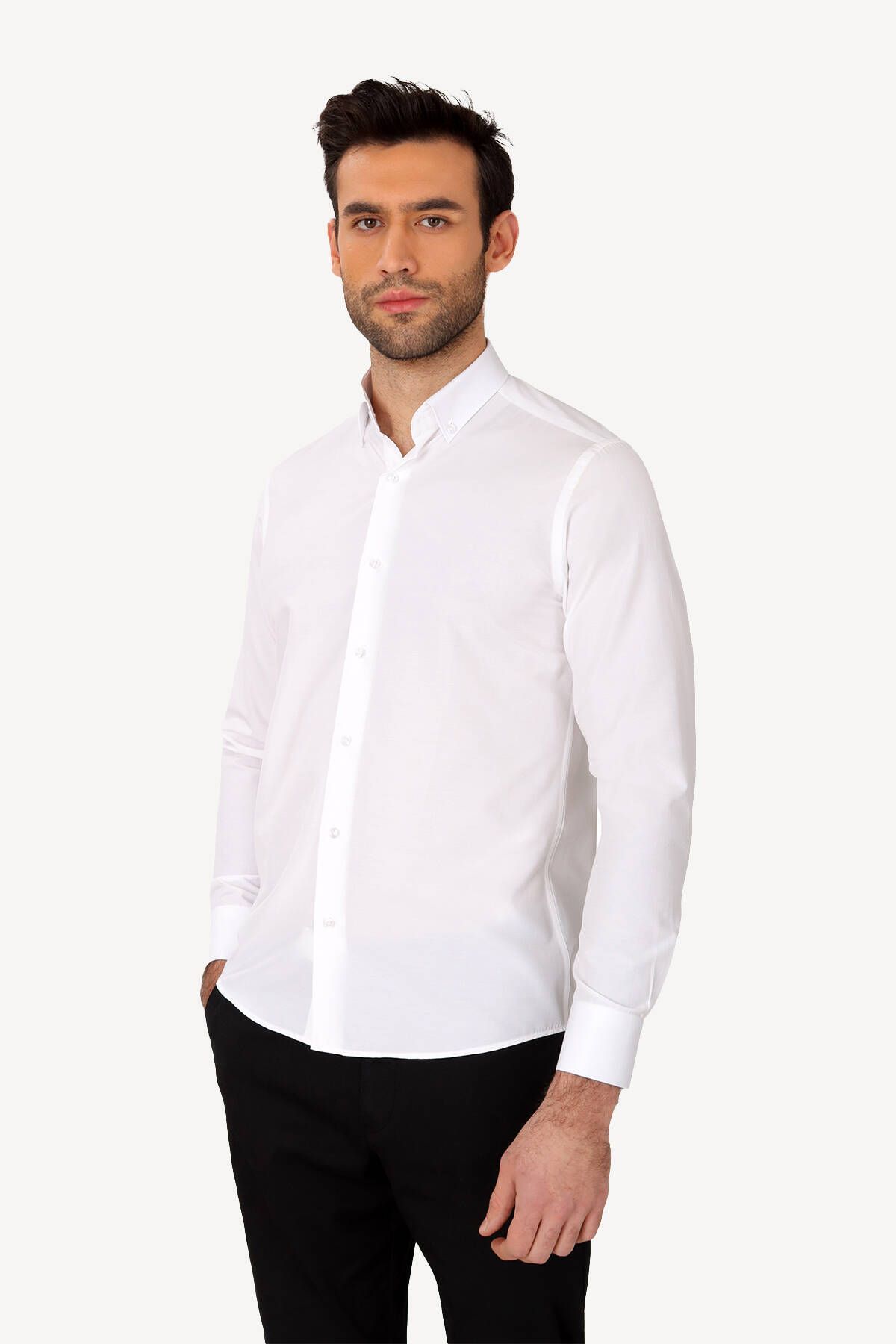 YSF Erkek Beyaz Uzun Kol Slim Fit Yaka Düğmeli Gömlek
