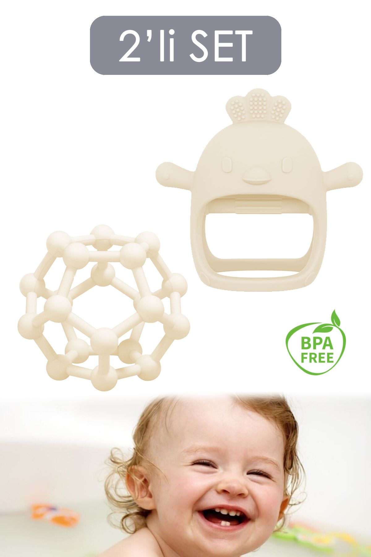Meleni Baby 2'li Bebek Dişlik Seti - Diş Kaşıyıcı El Topu - Silikon Bebek Diş Kaşıma Eldiveni Bej