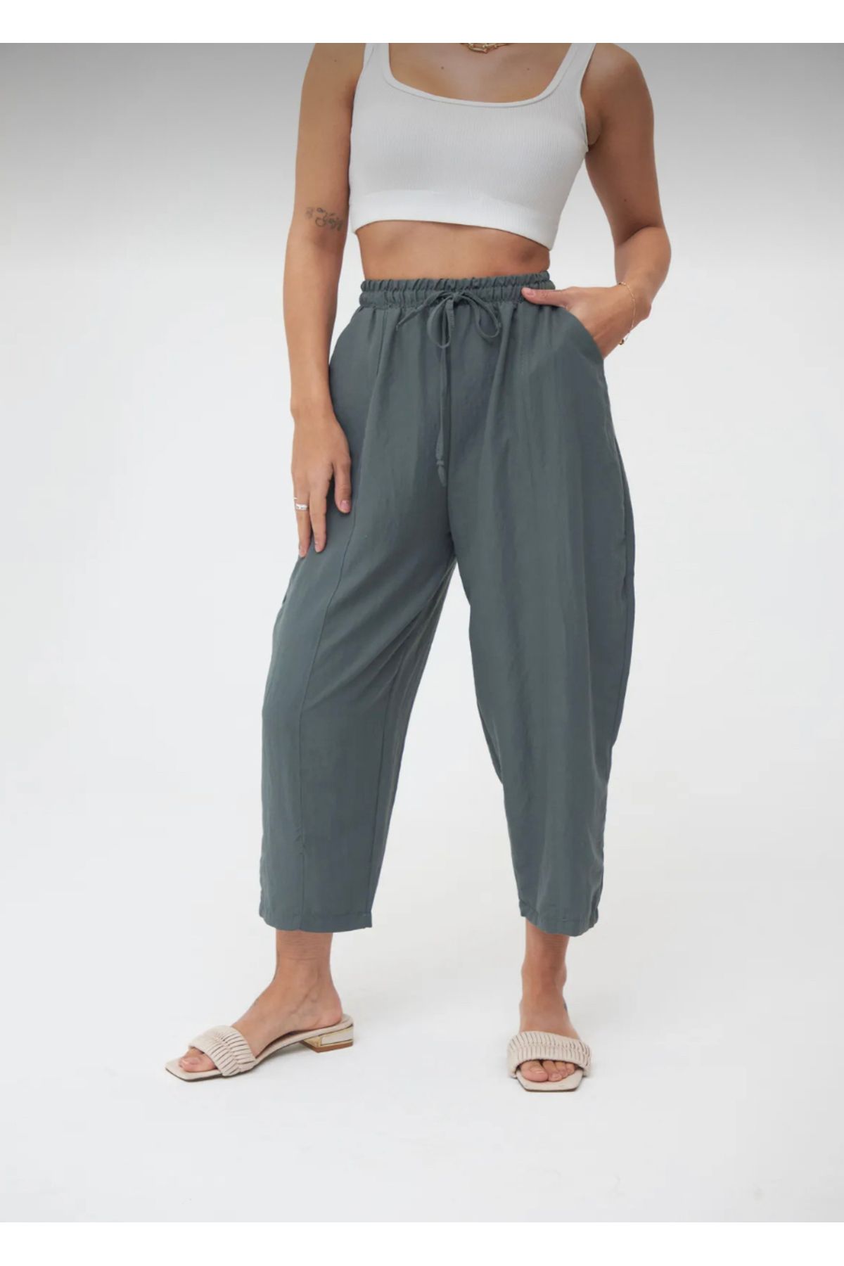 My Blog Kadın Haki Renk Belden Lastikli Ayrobin Şalvar Pantolon