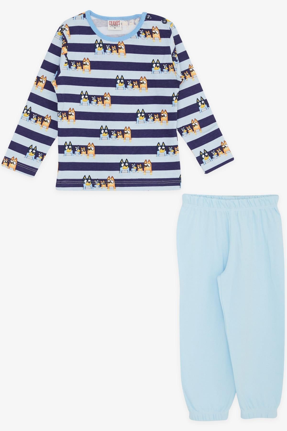 Genel Markalar Erkek Bebek Pijama Takımı Sevimli Köpekcikler Desenli Şeritli 9 Ay-3 Yaş, Mavi