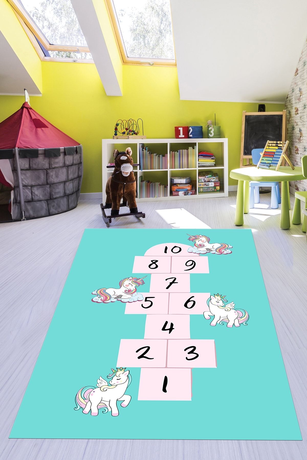 EY HOME Unicornlu Sek Sek Desen Yıkanabilir Eğlenceli Çocuk Odası Oyun Halısı, ÇOCUK-37-TURKUAZ,