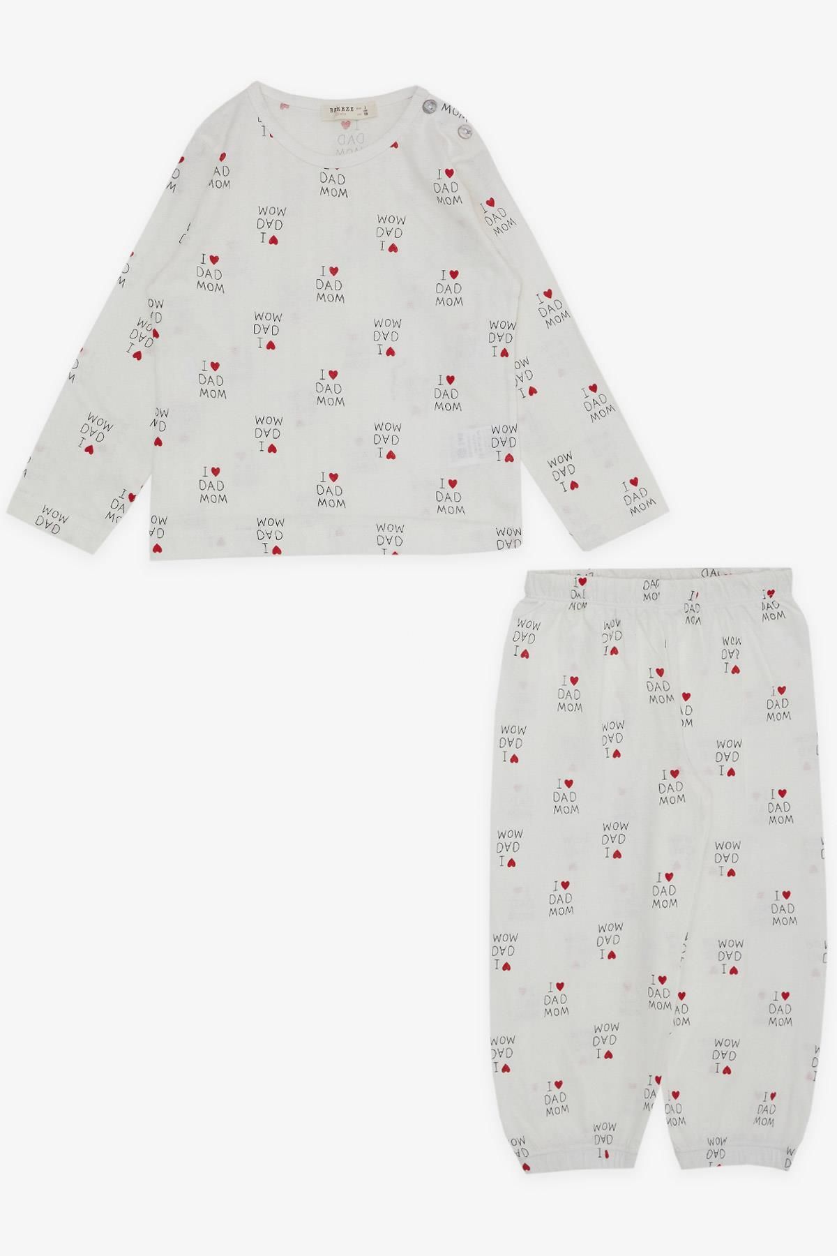 Breeze Kız Bebek Pijama Takımı Kalp Yazı Desenli 9 Ay-3 Yaş, Ekru
