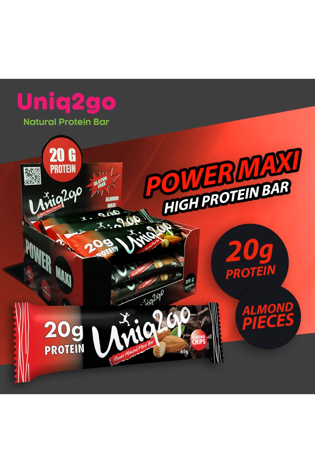 Uniq2go Power Almond Maxibar Protein Bar 65 gr %30 Protein 12li Kutu