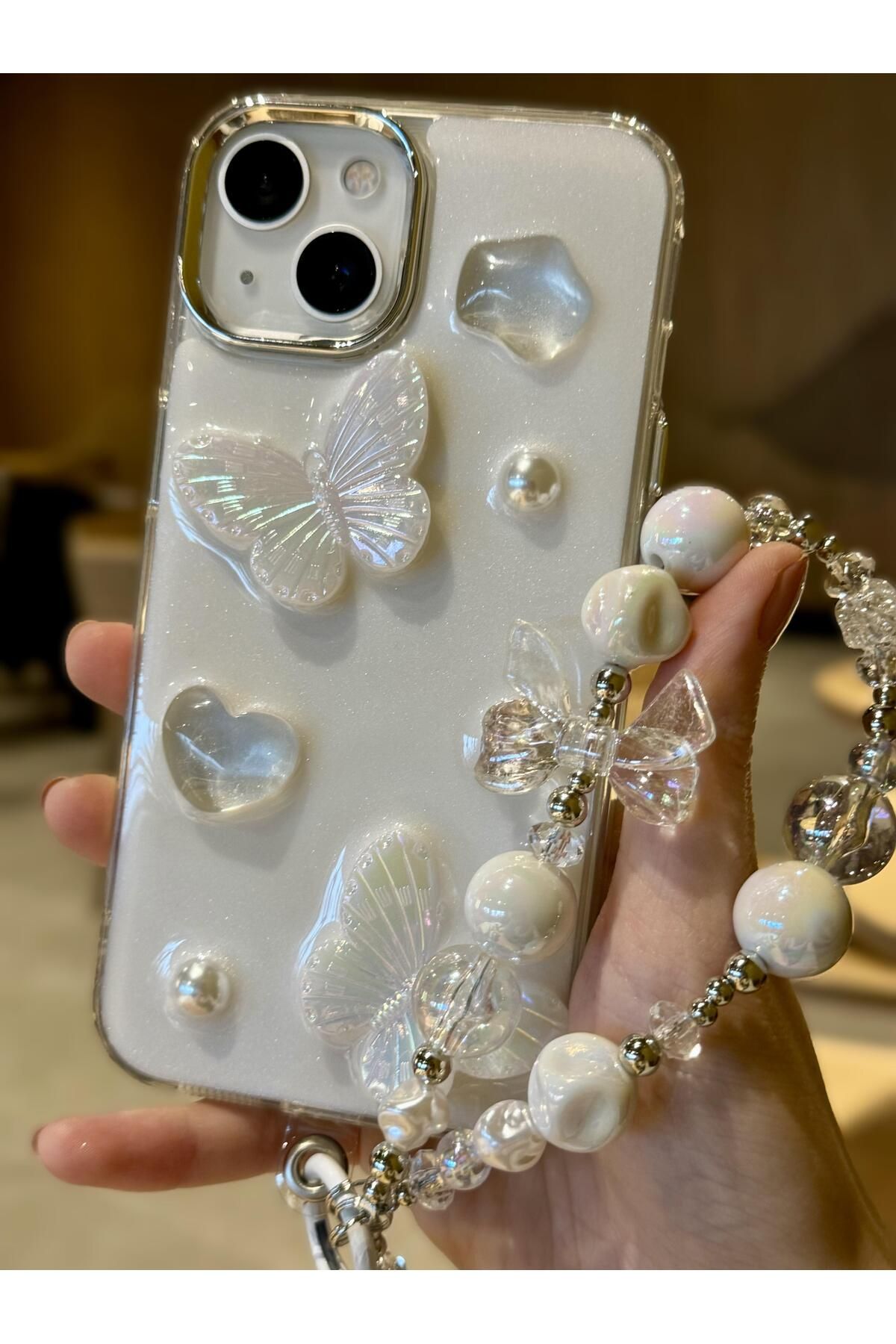 Paladyum Case iPhone 13 Uyumlu Lux Işıltılı İnci Charmlı Kelebekli Kılıf