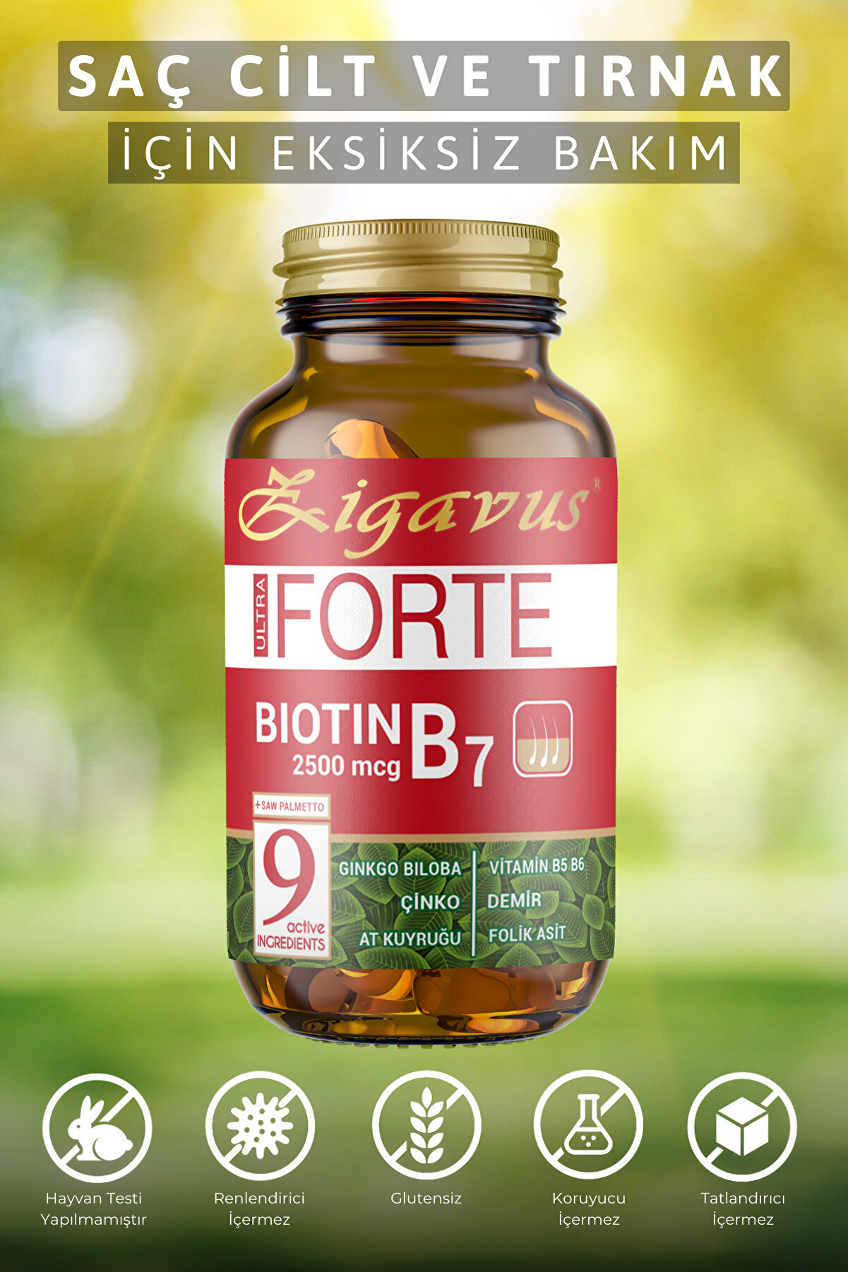 Zigavus Forte Biotin Tablet Saç, Tırnak ve Cilt İçin Güçlendirici Gıda Takviyesi Çinko ve Demir