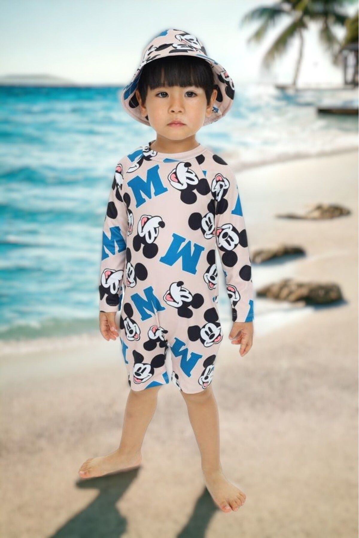 Lolliboomkids Unisex Bebek - Çocuk Mayo Tam Vücut Güneş Koruma Hassas Ten Taş M Mickey Desen Mayo Şapka
