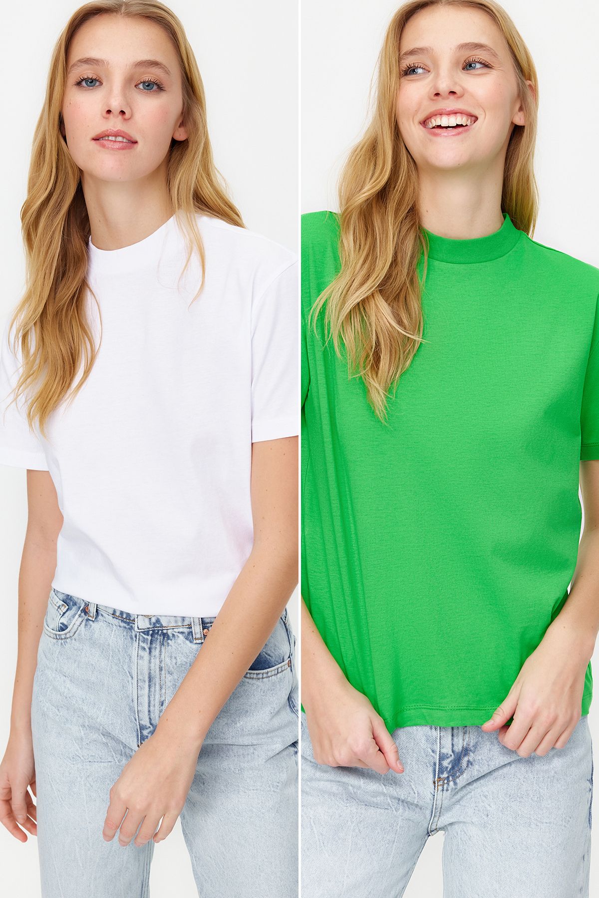 TRENDYOLMİLLA Yeşil-Beyaz 2'li Paket Basic Dik Yaka Örme T-Shirt TWOSS20TS1500