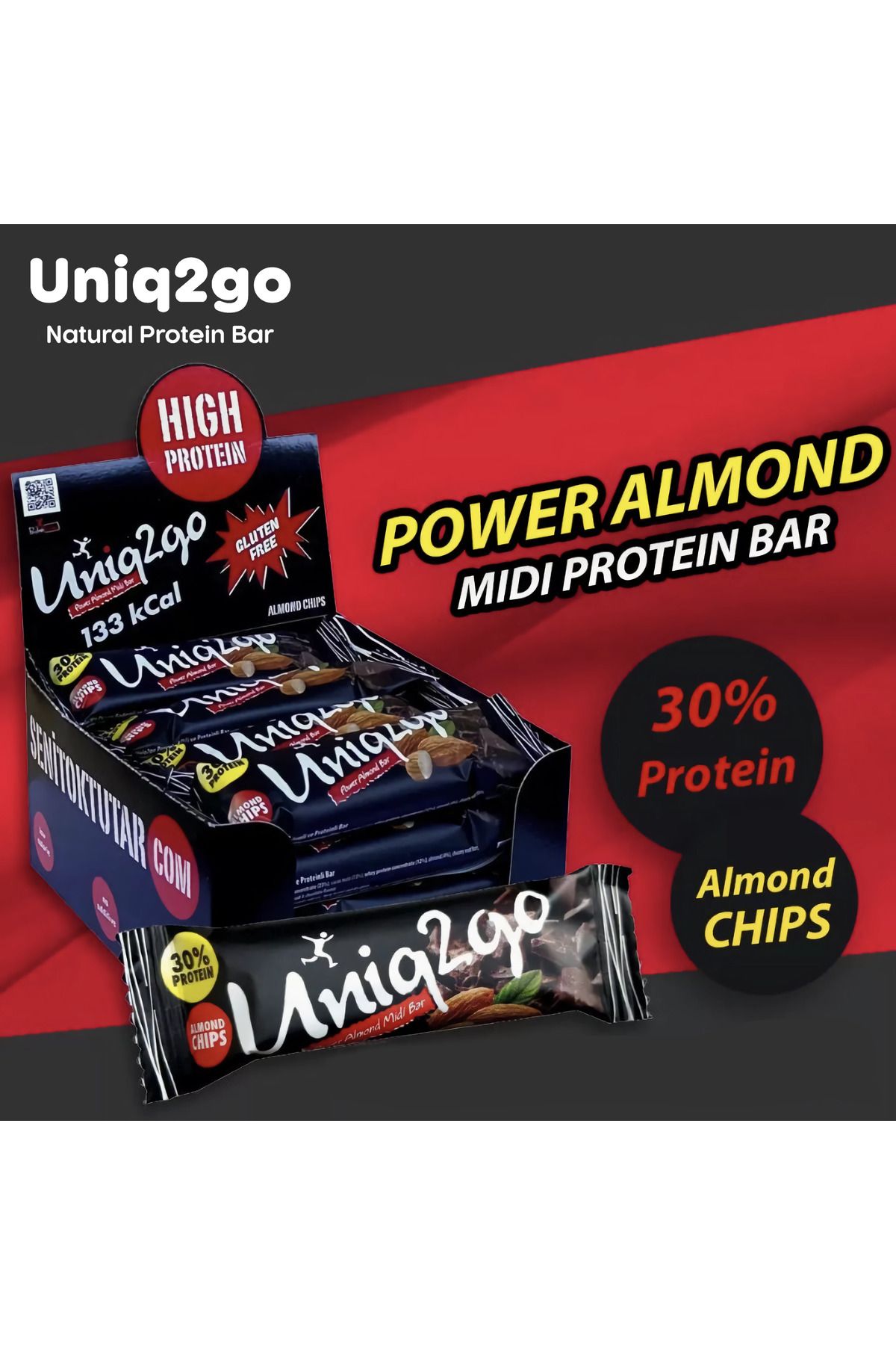 Uniq2go Power Almond Midi 16'lı Kutu 38gr (%30 Protein) Badem Parçacıklı Naturel Proteinli Bar