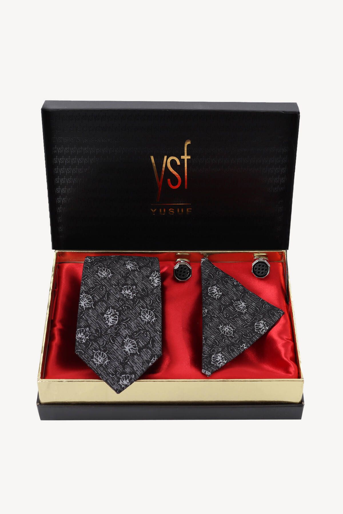 YSF Erkek Siyah Gri Kravat Mendil Kol Düğmesi Set