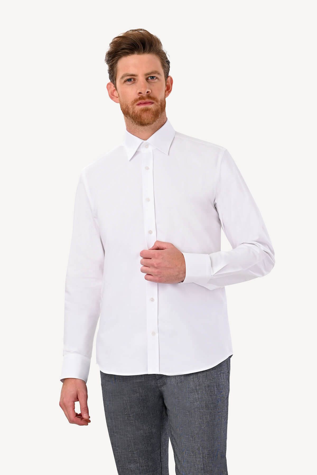 YSF Erkek Beyaz Slim Fit Uzun Kol Oxfortl Gömlek