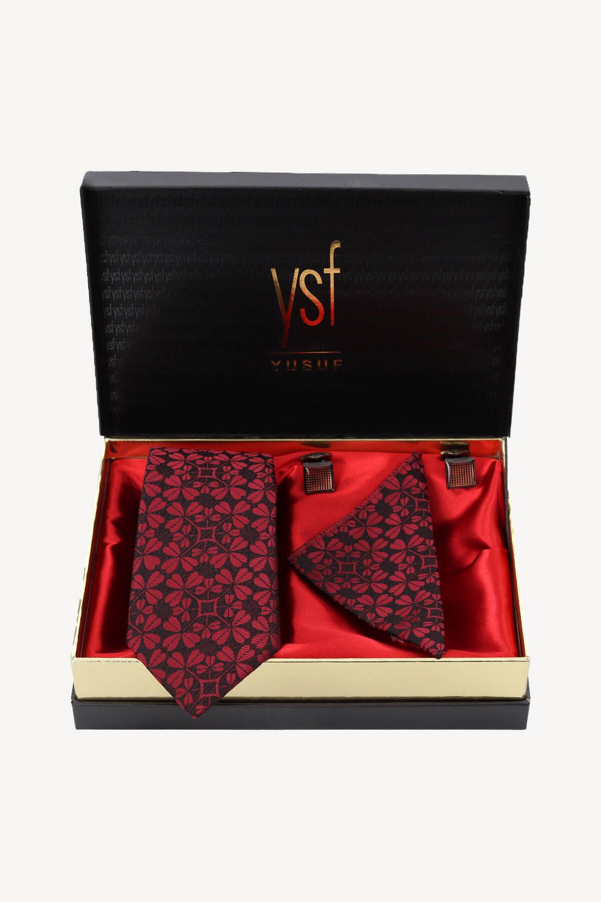 YSF Erkek Siyah Kravat Mendil Kol Düğmesi Set
