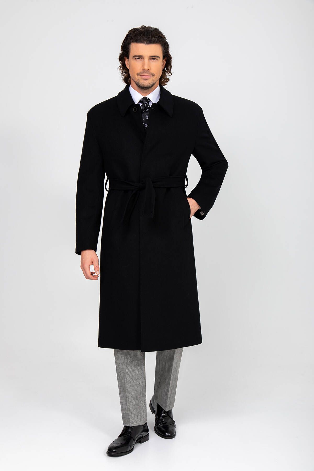 YSF Erkek Siyah Regular Fit Kaşmir Uzun Kuşaklı Palto