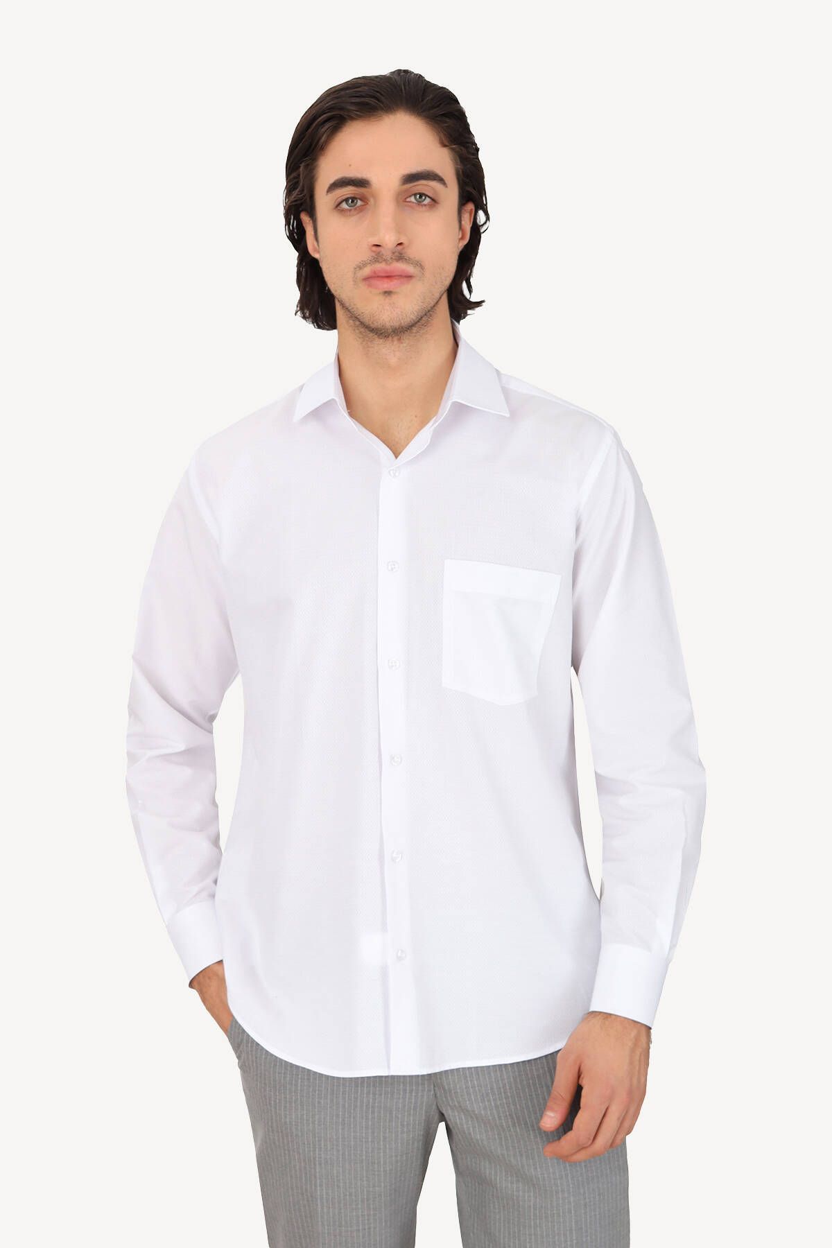 YSF Erkek Beyaz Uzun Kol Klasik Desenli Gömlek