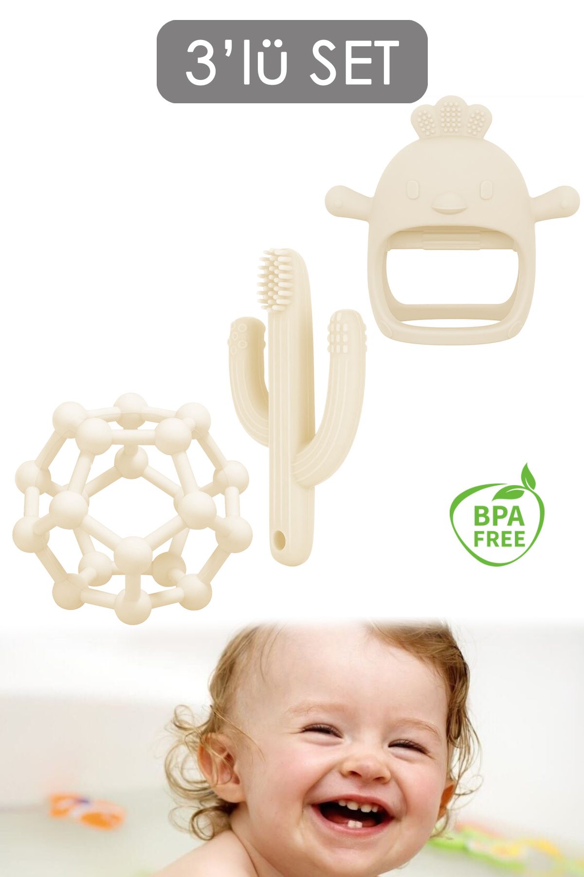 Meleni Baby 3'lü Set - Diş Kaşıyıcı El Topu - Silikon Bebek Diş Kaşıma Eldiveni - Kaktüs Bebek Dişlik
