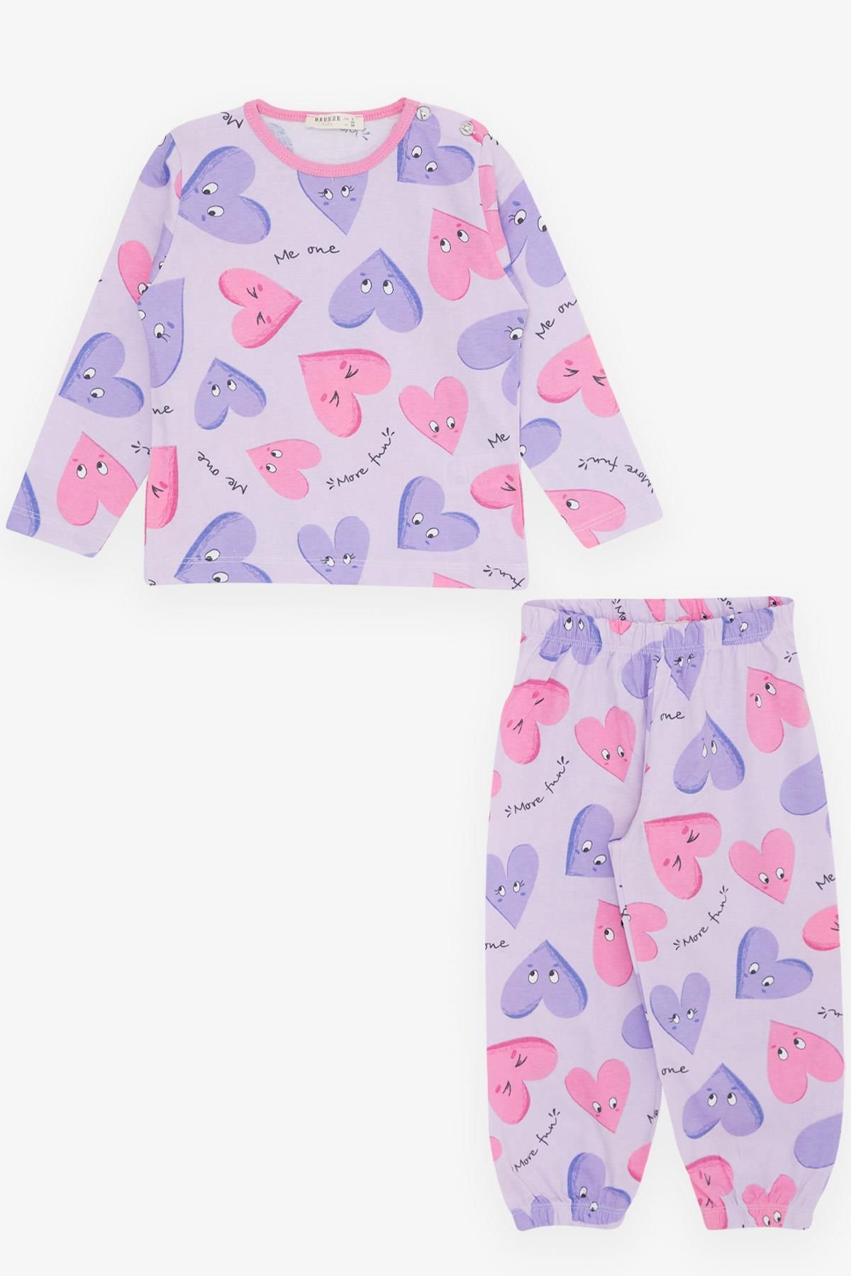 Breeze Kız Bebek Pijama Takımı Sevimli Kalp Desenli 9 Ay-3 Yaş, Açık Lila