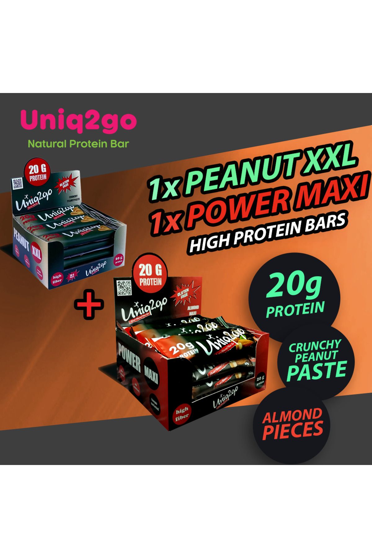 Uniq2go Power Almond Maxibar 65 Gr %30 Protein 12li Kutu Ve Peanut Xxl Protein Bar 67 Gr 12 Adet