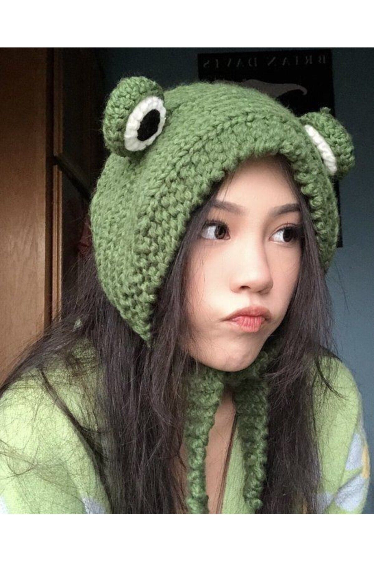 TRENDİN YOLU Kore Model Yeşil Kurbağa Şapka Tarz Kore Model Uzun Bere El Yapımı