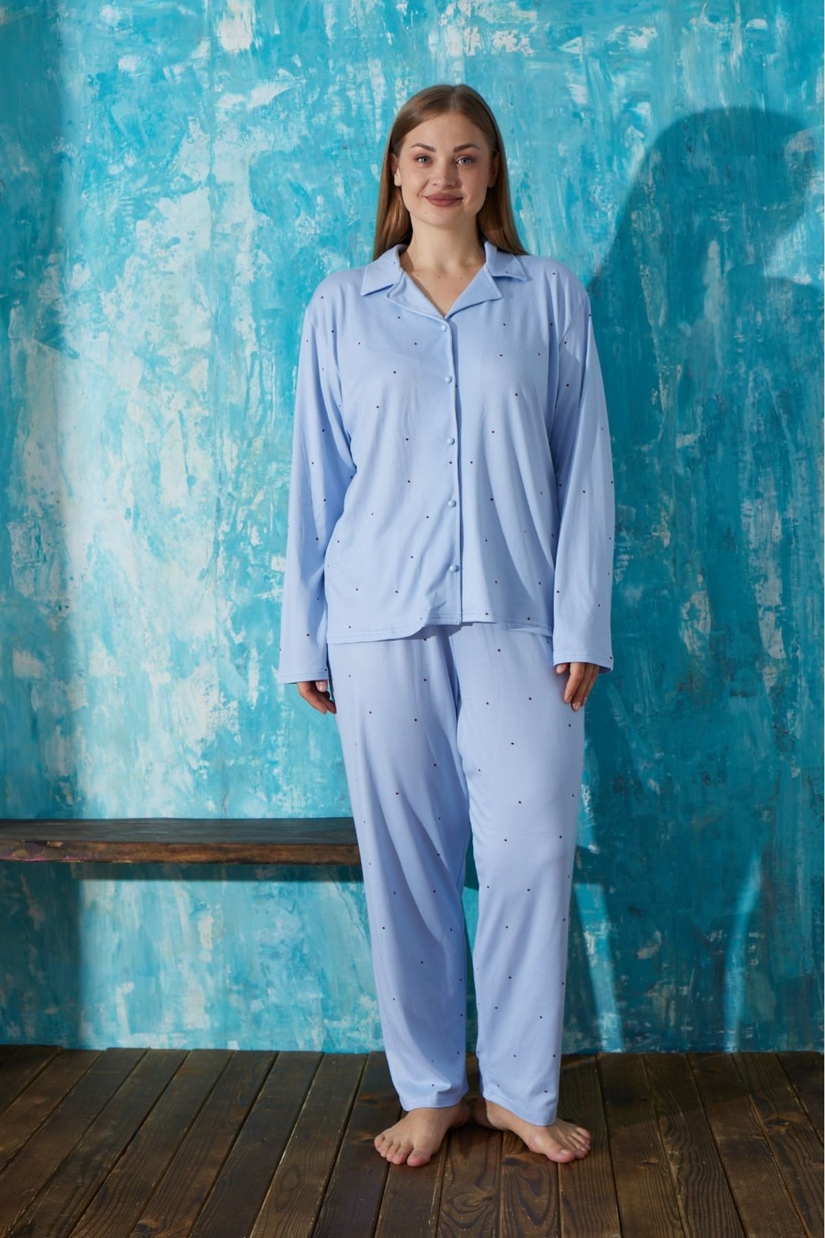 pijamakeyfi Kadın Uzun Kollu V Yaka Ön Düğmeli Pijama Takımı