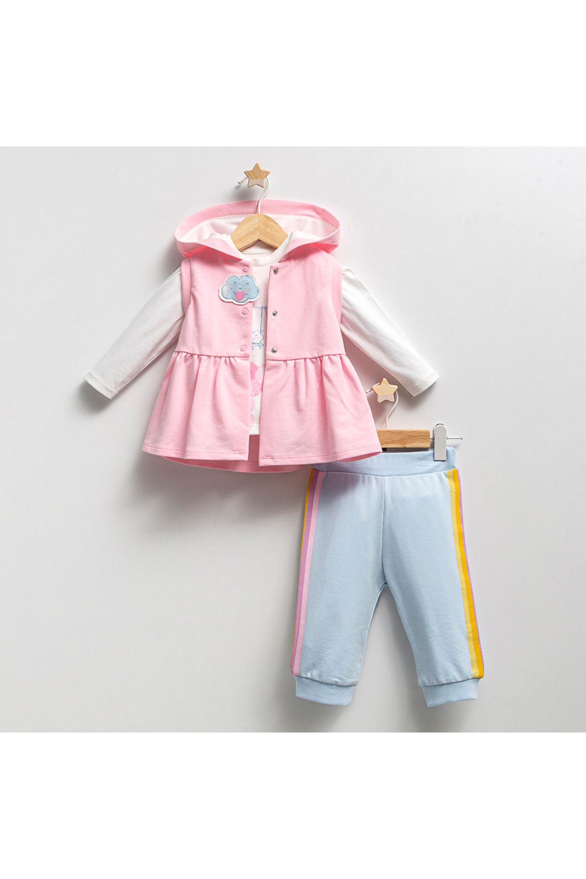 DIDuStore Kız Bebekler İçin Neşeli Zamanlar Seti - Kapüşonlu Üst ve Şerit Detaylı Pantolon