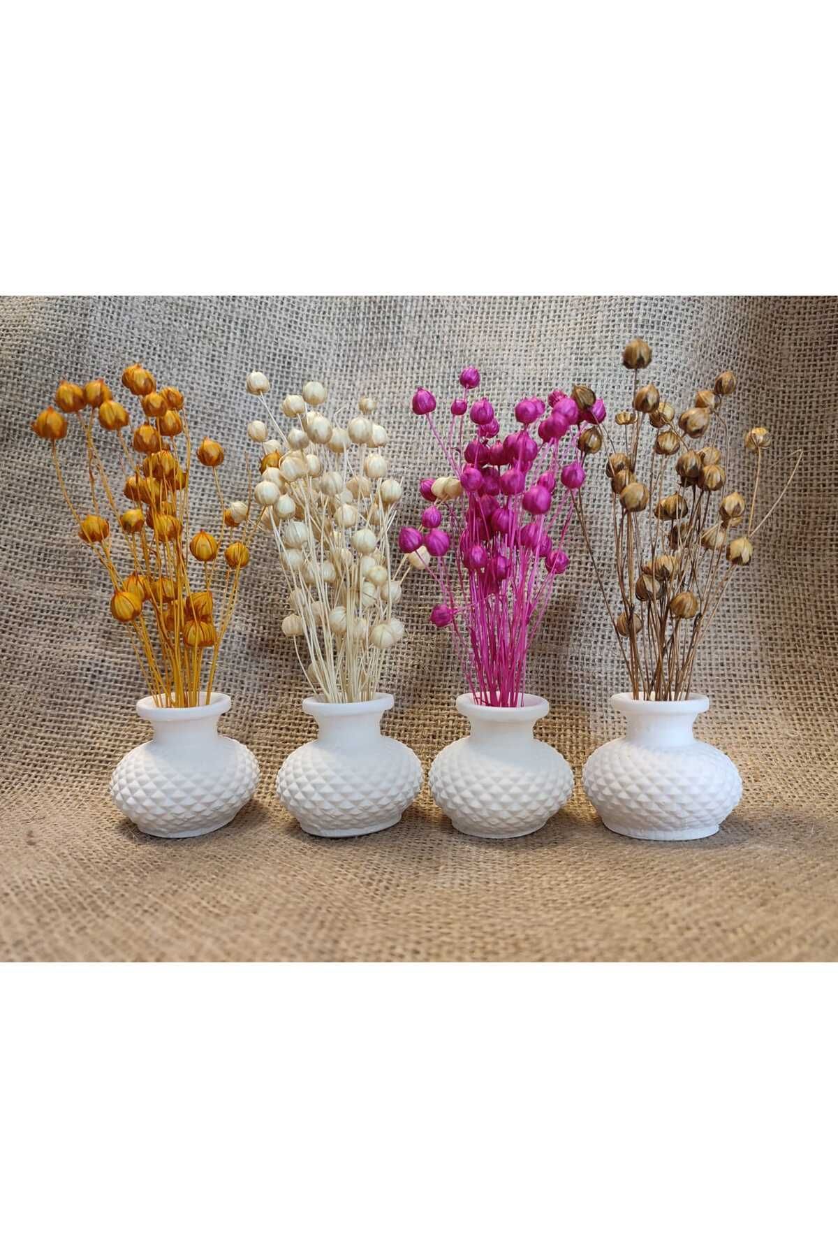 Dekora Çiçek 4'lü Mini Vazo (4 Farklı Renk Keten Otu İle Birlikte), Süslük, Kahve Yanı Sunumu