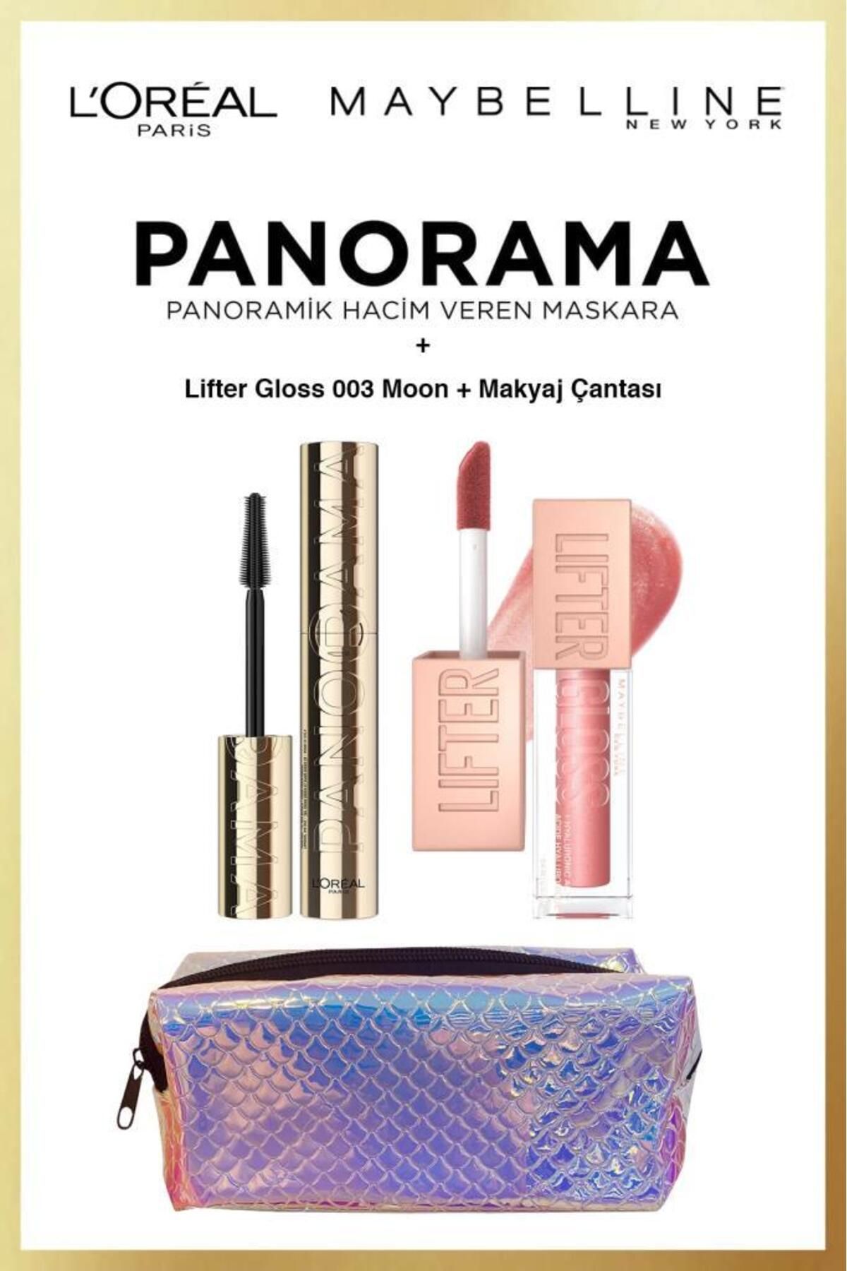 L'Oreal Paris Panorama Hacim Veren Maskara Siyah Maybelline Lifter Gloss 003 Moon Göz Dudak Makyaj Seti