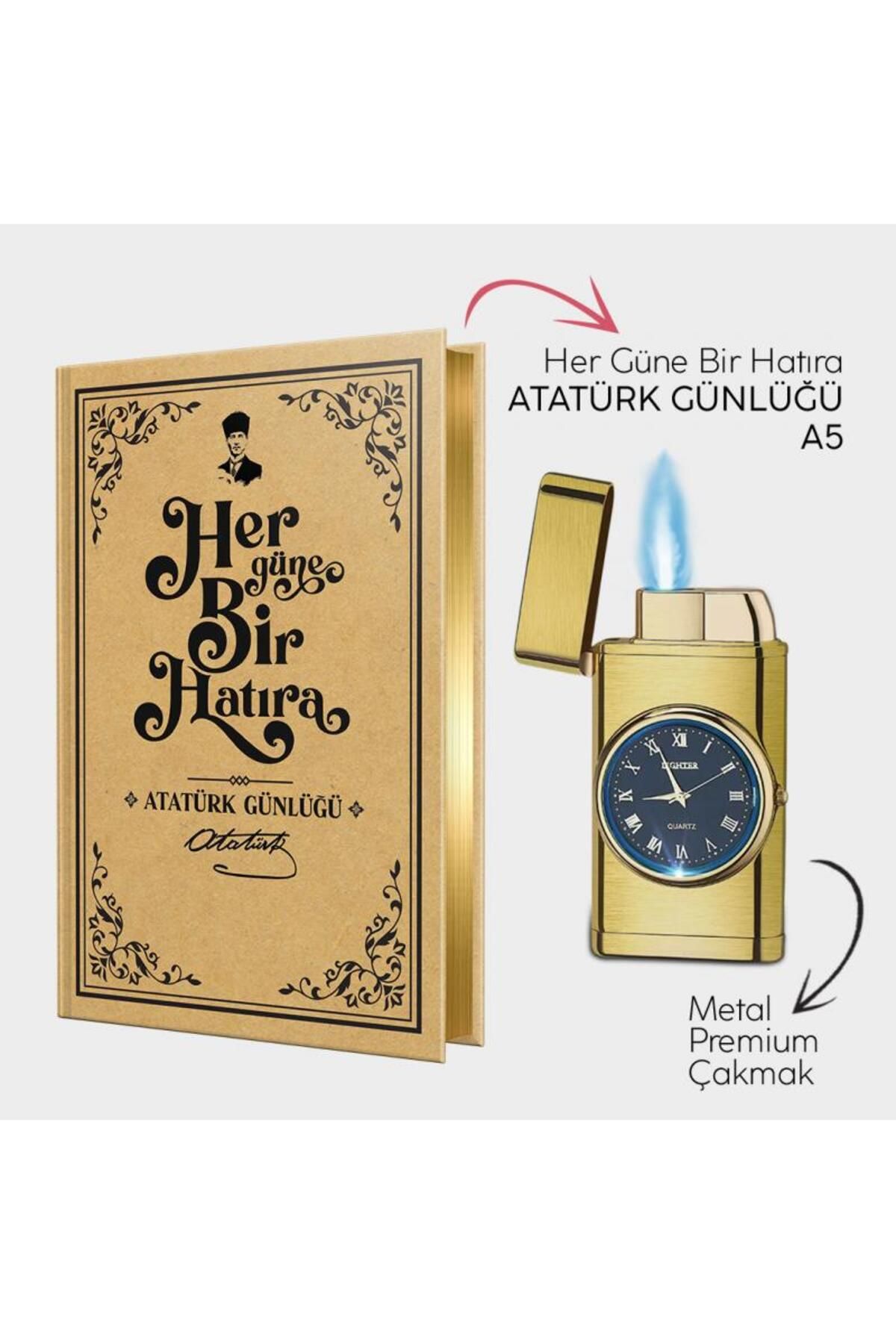 Halk Kitabevi Atatürk Günlüğü A5 ve Brushed Gold Saatli Çakmak