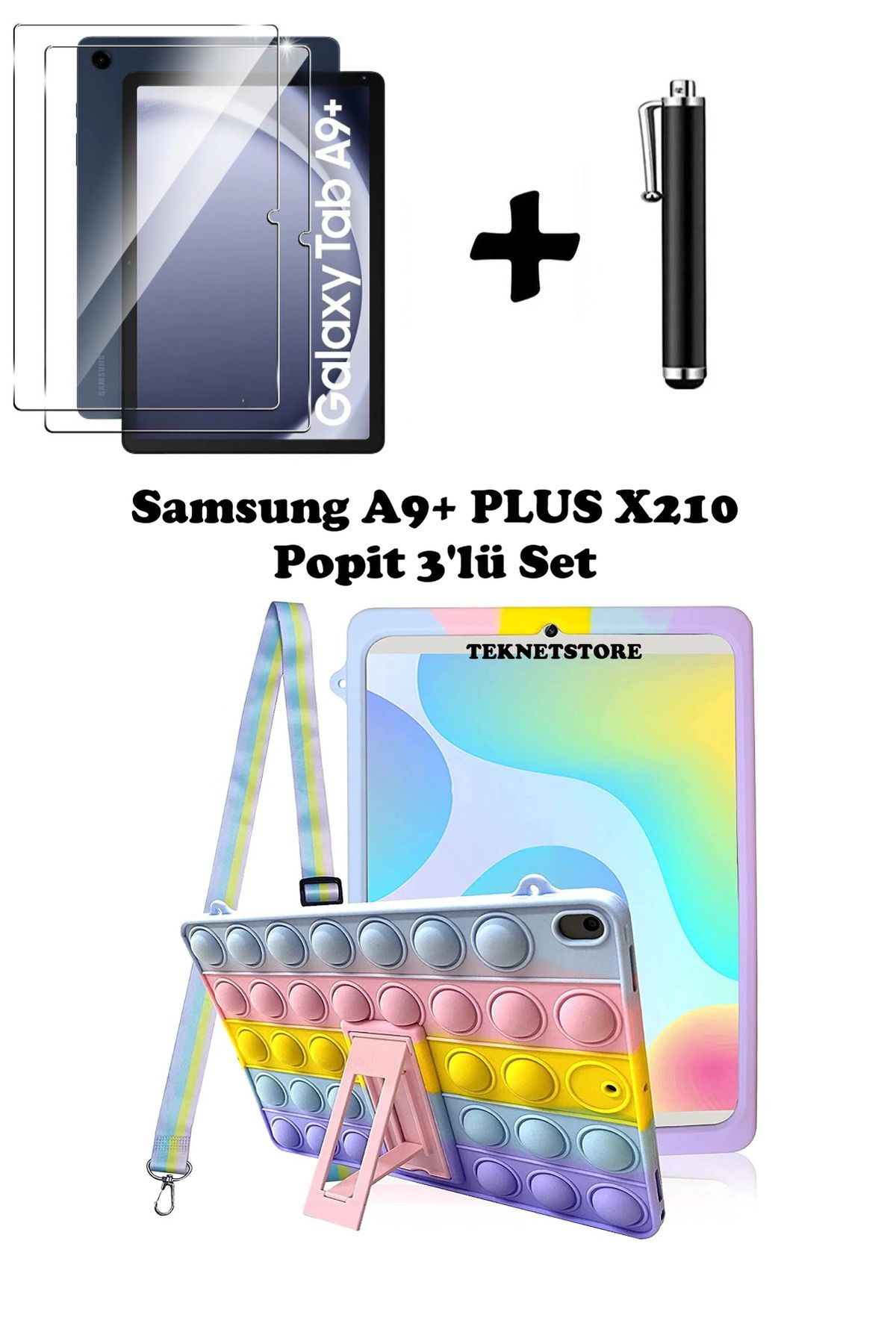 TEKNETSTORE Samsung Galaxy Tab A9 Plus 11 (2023) Sm-x210 Uyumlu Popit Çocuk Kılıf Askılı Stand Eğlenceli 3lü Set
