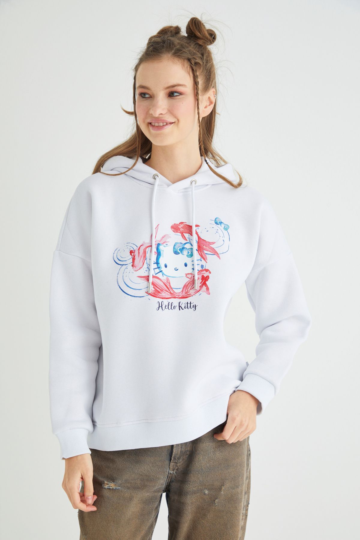 Hello Kitty Lisanslı Baskılı Kapüşonlu Kalın Oversize Fit Beyaz Sweatshirt Roz-110