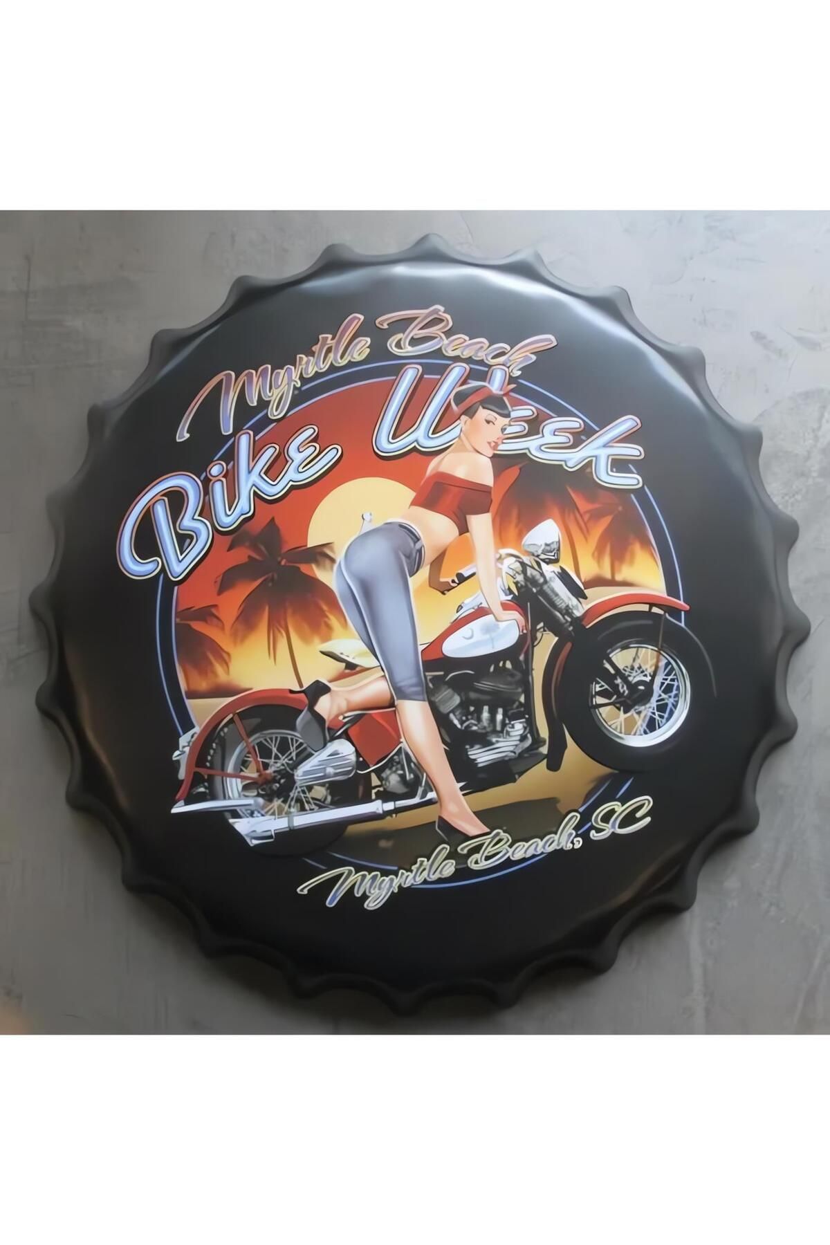 CajuArt Retro 35 cm Kapak Şeklinde Motosiklet Tema Metal Tablo Dekor