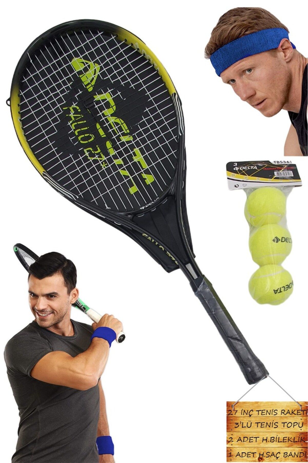 Tosima 27 İnç Tenis Raketi Seti L2 Grip Taşıma Çantalı 3 Adet Tenis Topu Havlu Bileklik Havlu Saç Bandı