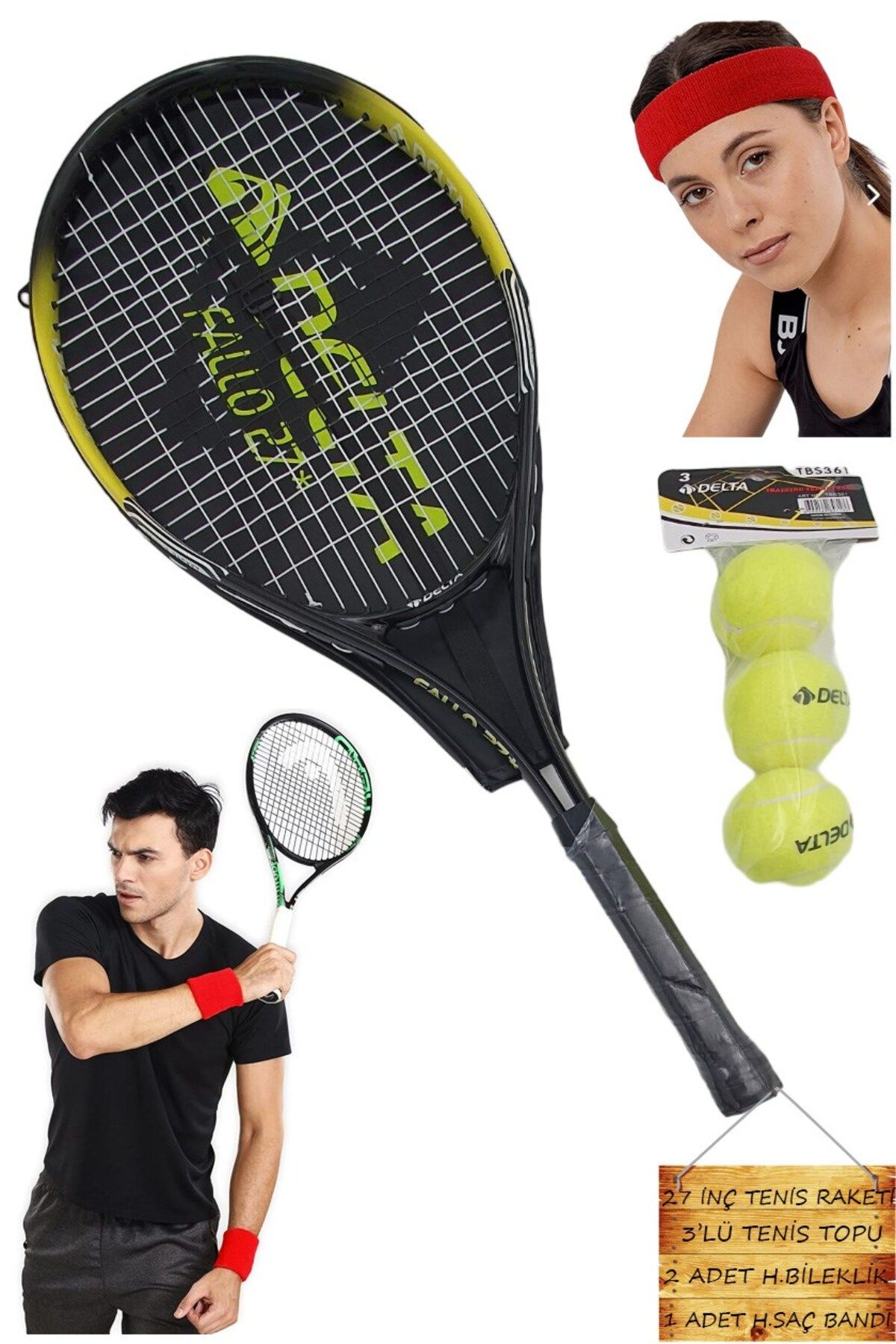 Tosima 27 İnç Tenis Raketi Seti L2 Grip Taşıma Çantalı 3 Adet Tenis Topu Havlu Bileklik Havlu Saç Bandı