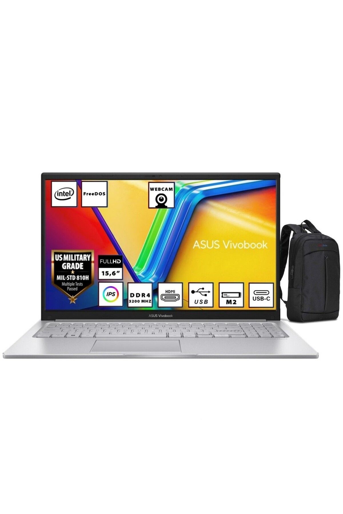 ASUS Vivobook X1504ZA-BQ441 i7 1255U 16GB 512GB SSD 15.6" FHD FDos Bilgisayar + Sırt Çantası Wz02