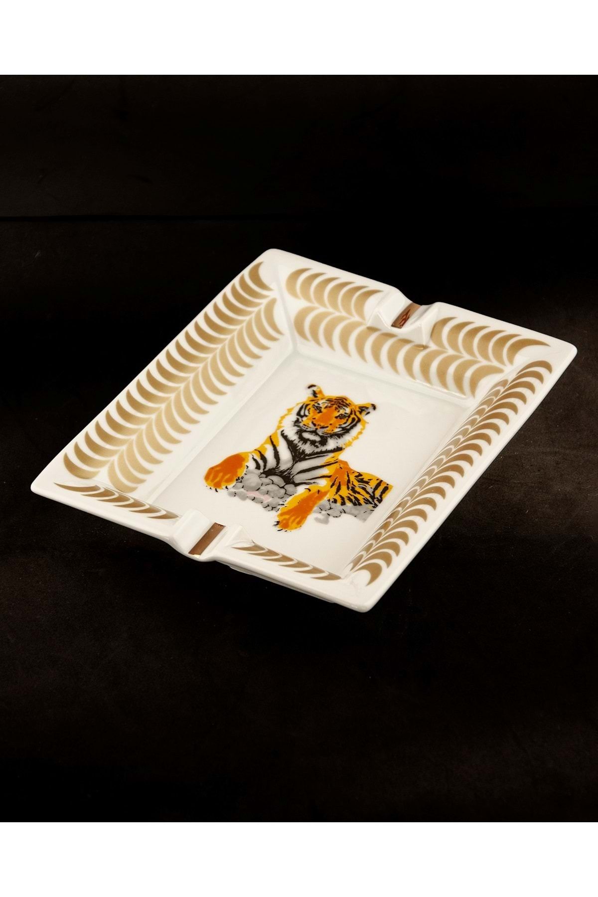Bursa Porselen Dekor Tiger altın yaldızlı büyük boy porselen kül tablası