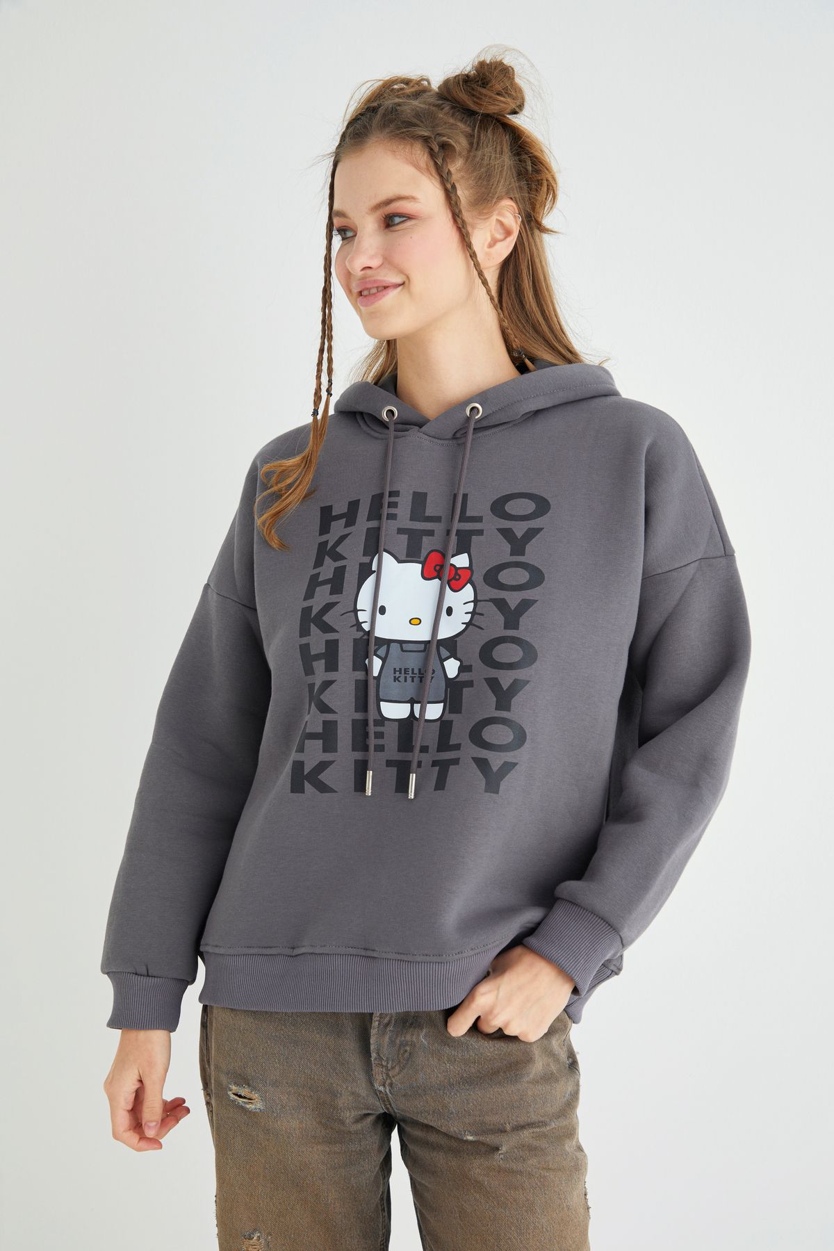 Hello Kitty Lisanslı Baskılı Kapüşonlu Kalın Oversize Fit Gri füme Sweatshirt Roz-117