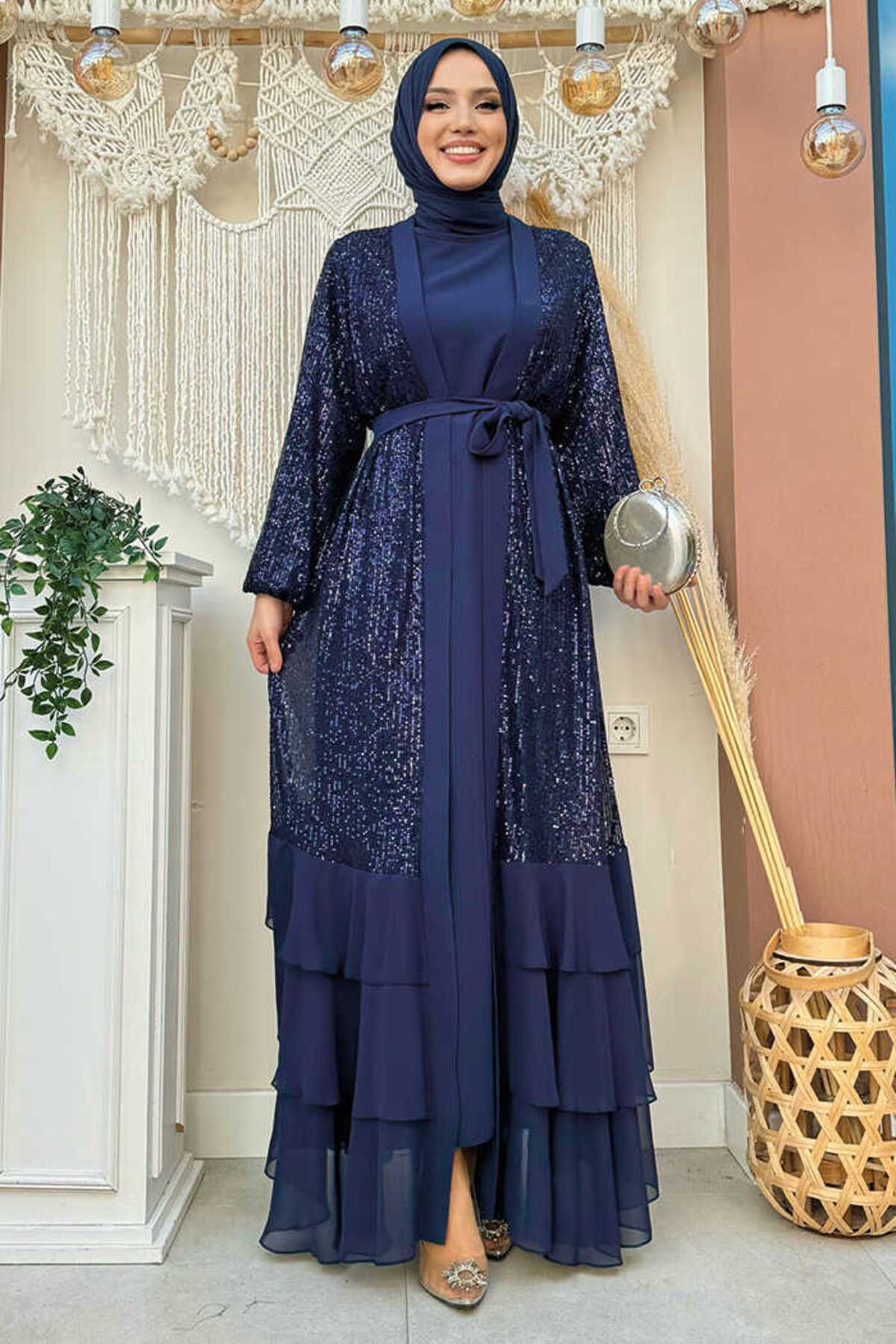 Bym Fashion Pulpayet İşlemeli Abaya ve Elbise Takım 8483 Lacivert